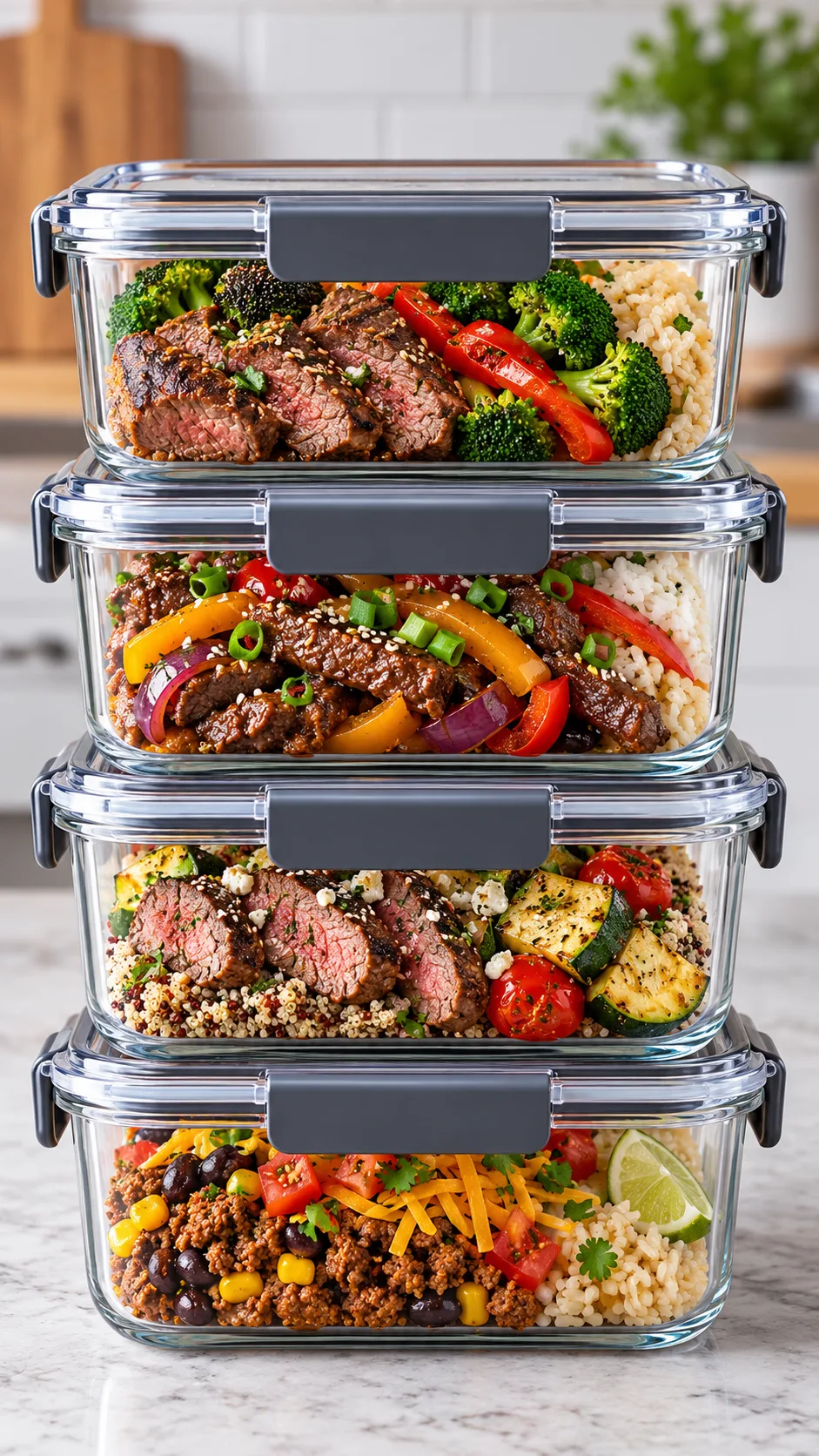 A set of four matching high quality borosilicate glass meal prep containers with airtight locking lids stacked neatly, showing colorful prepared beef meals inside