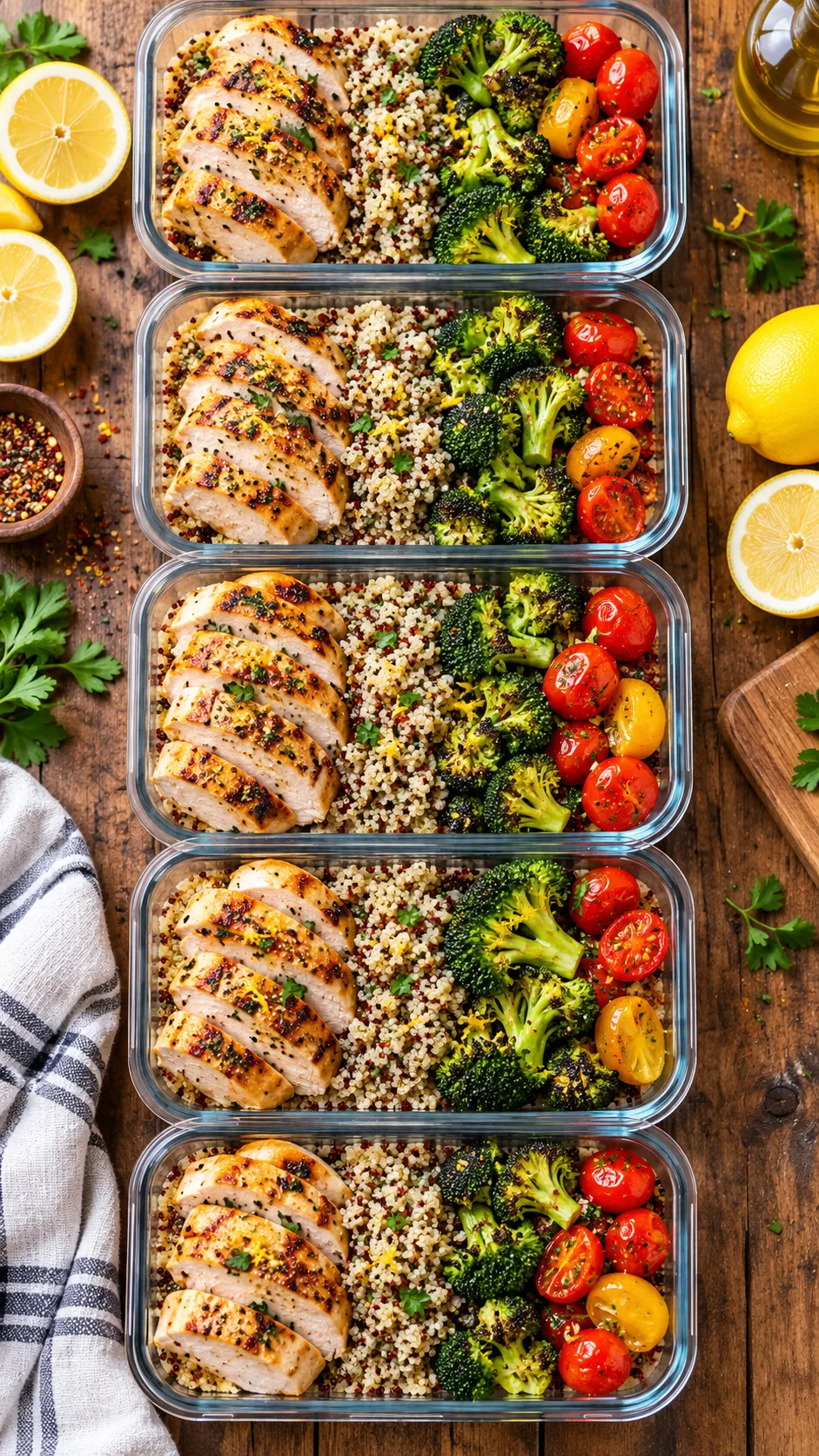 Overhead bright kitchen counter shot of five neatly stacked glass meal prep containers showing colorful high-volume meals with grilled sliced chicken breast, roasted broccoli, bright cherry tomatoes, and fluffy quinoa on a rustic wooden table with fresh lemon halves nearby