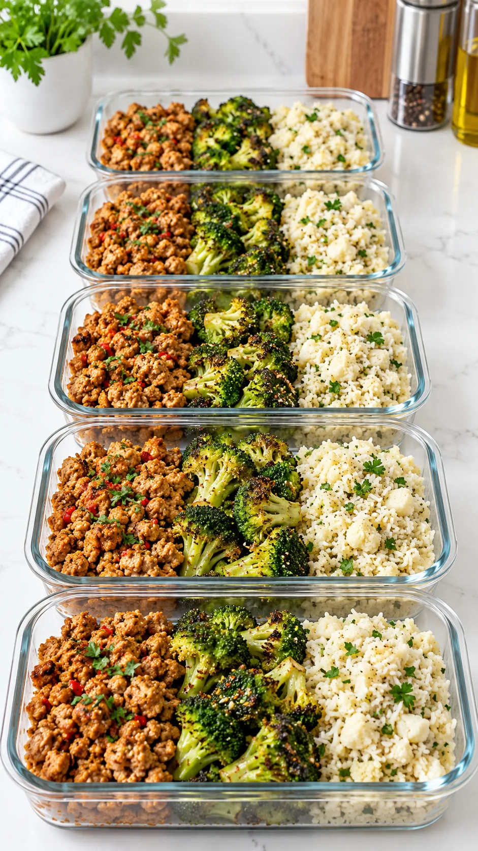 Clean bright photography of five glass meal prep containers lined up on a white quartz countertop, showing distinct portions of spiced lean ground turkey, roasted broccoli florets, and fluffy cauliflower-jasmine rice blend