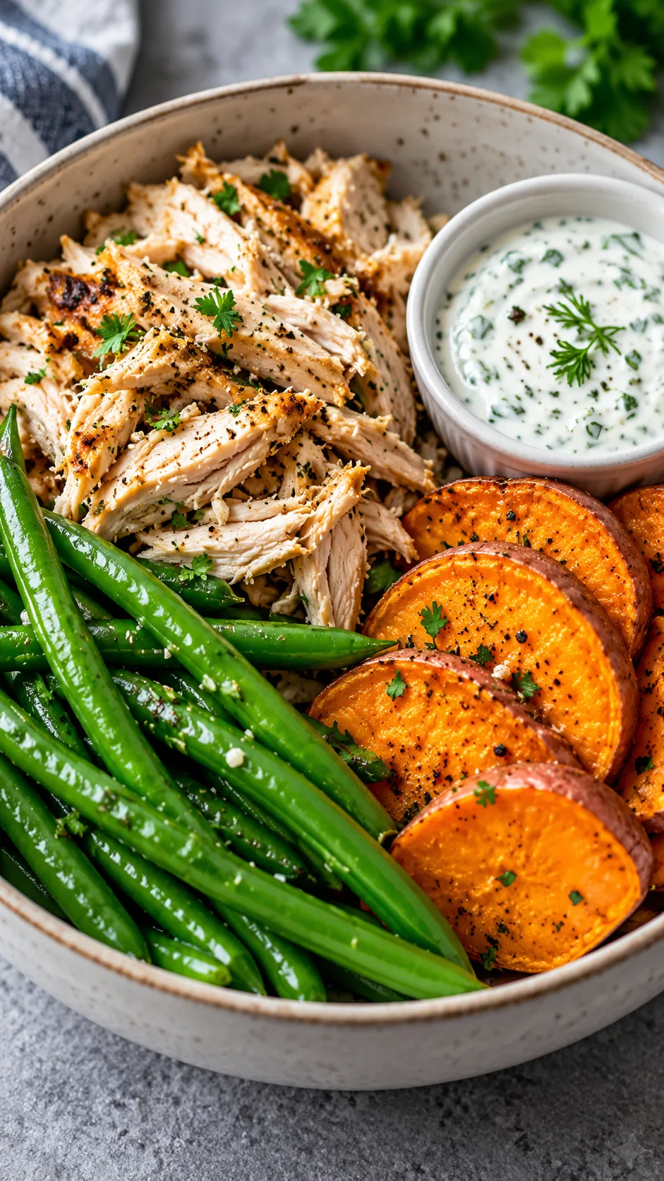 Close up shot of a savory meal prep bowl containing shredded roasted chicken breast, bright steamed green beans, sliced sweet potatoes, and a small ramekin of light yogurt-herb dressing