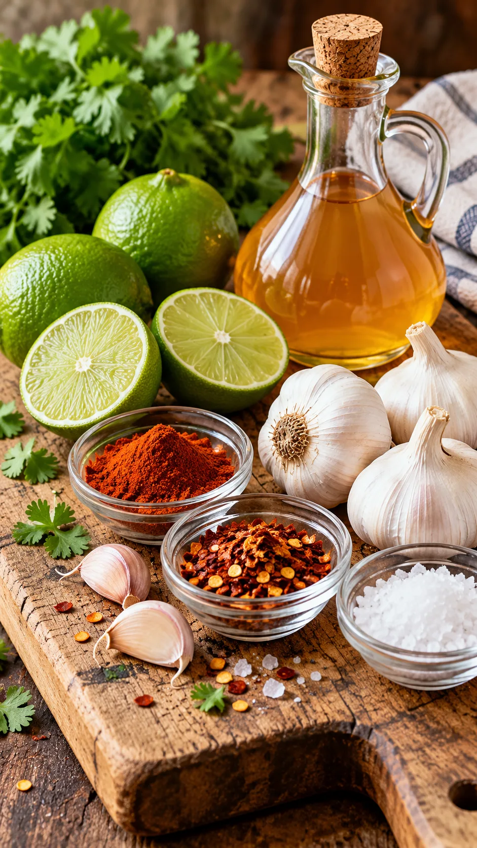 Assortment of fresh meal prep flavor ingredients on a rustic cutting board: fresh halved limes, whole garlic bulbs, small glass bowls of smoked paprika, chili flakes, sea salt, and a glass cruet of apple cider vinegar