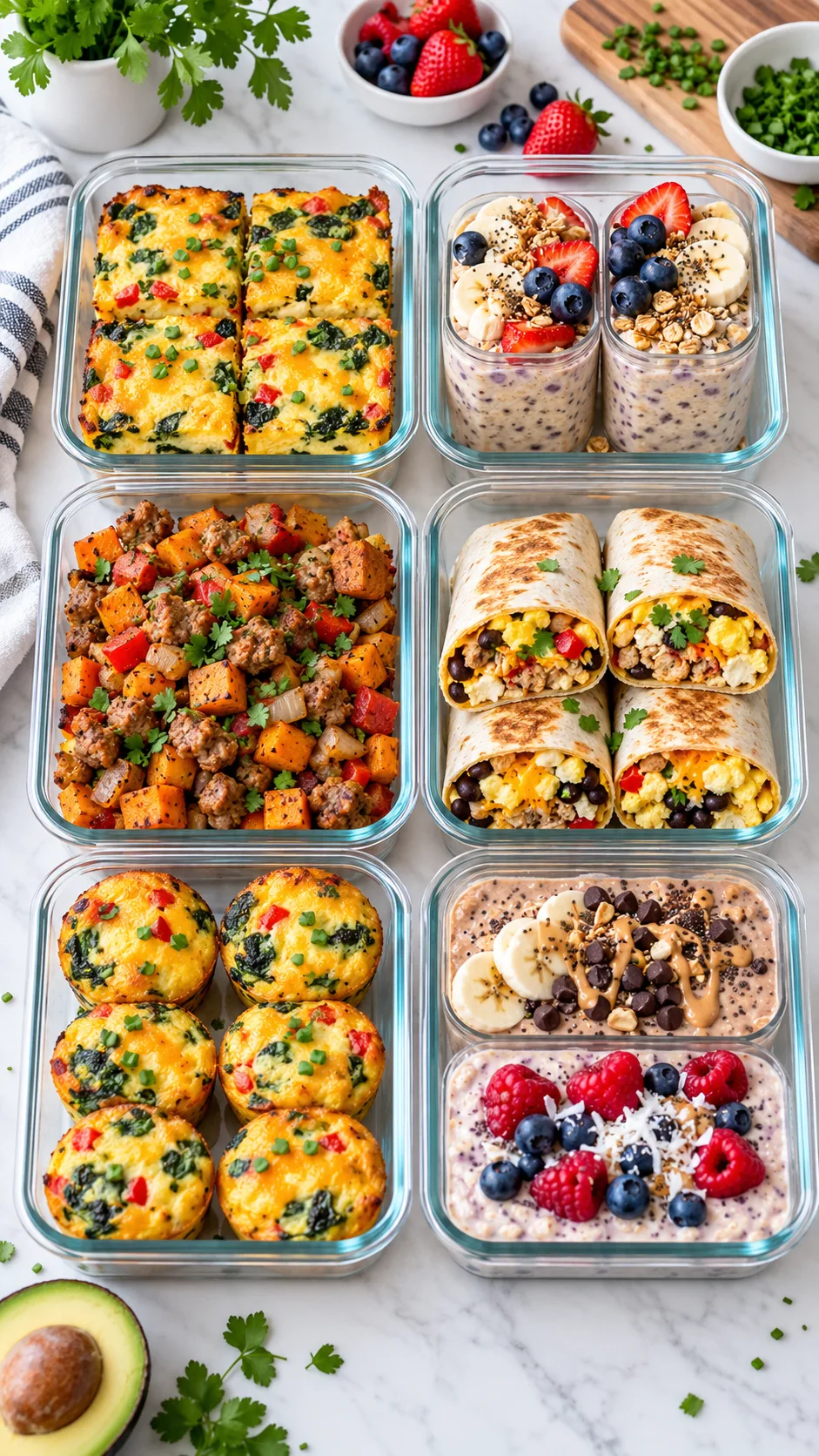 A vibrant flat-lay photography shot of six meal prep glass containers on a bright modern kitchen counter, filled with high protein breakfasts like egg casseroles, overnight protein oats, turkey sausage hash, and breakfast burritos, garnished with fresh herbs and berries.