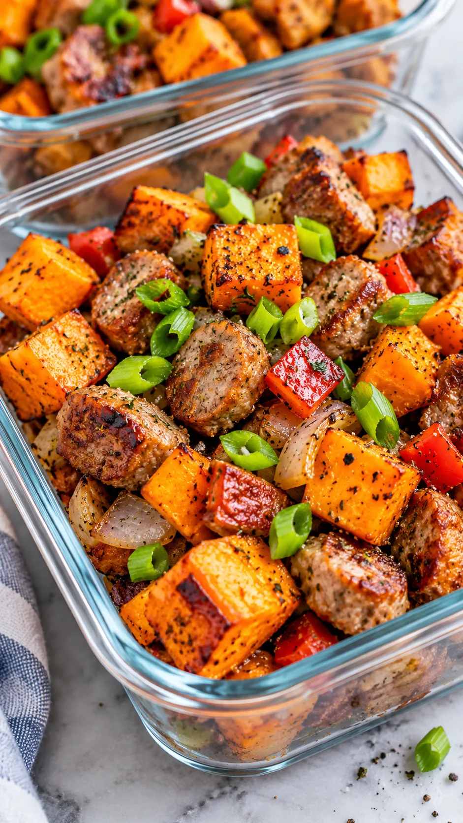 A close-up shot of meal prep glass containers showing steam-free, crisp roasted sweet potato and turkey sausage breakfast hash, garnished with chopped scallions and cracked black pepper.