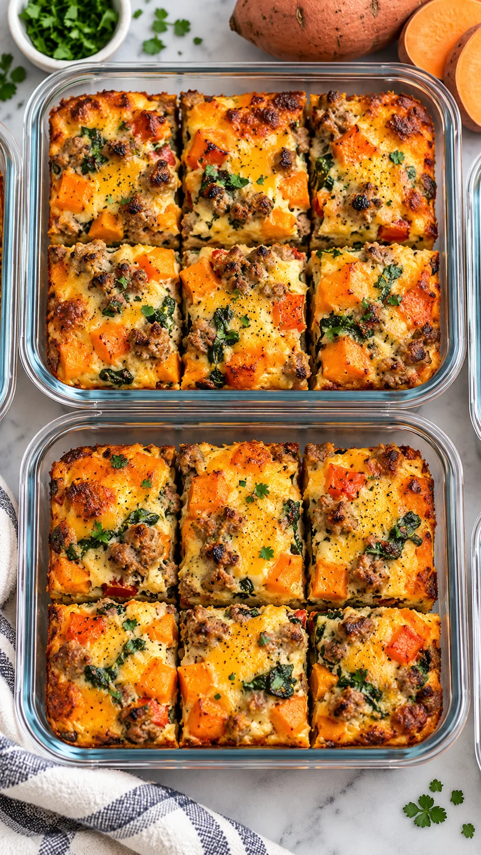Overhead view of a golden-brown baked turkey sausage and sweet potato breakfast casserole cut into squares inside glass meal prep containers.