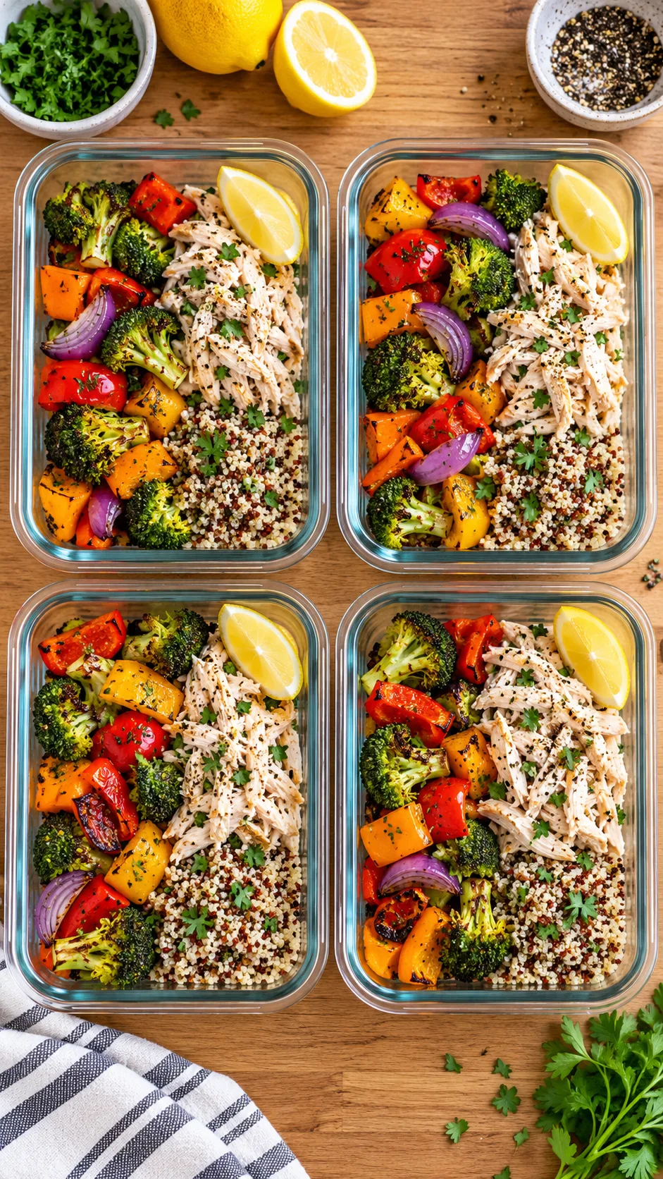 Overhead aesthetic shot of four neatly arranged glass meal prep containers with vibrant roasted vegetables, shredded chicken, and quinoa on a bright wooden countertop
