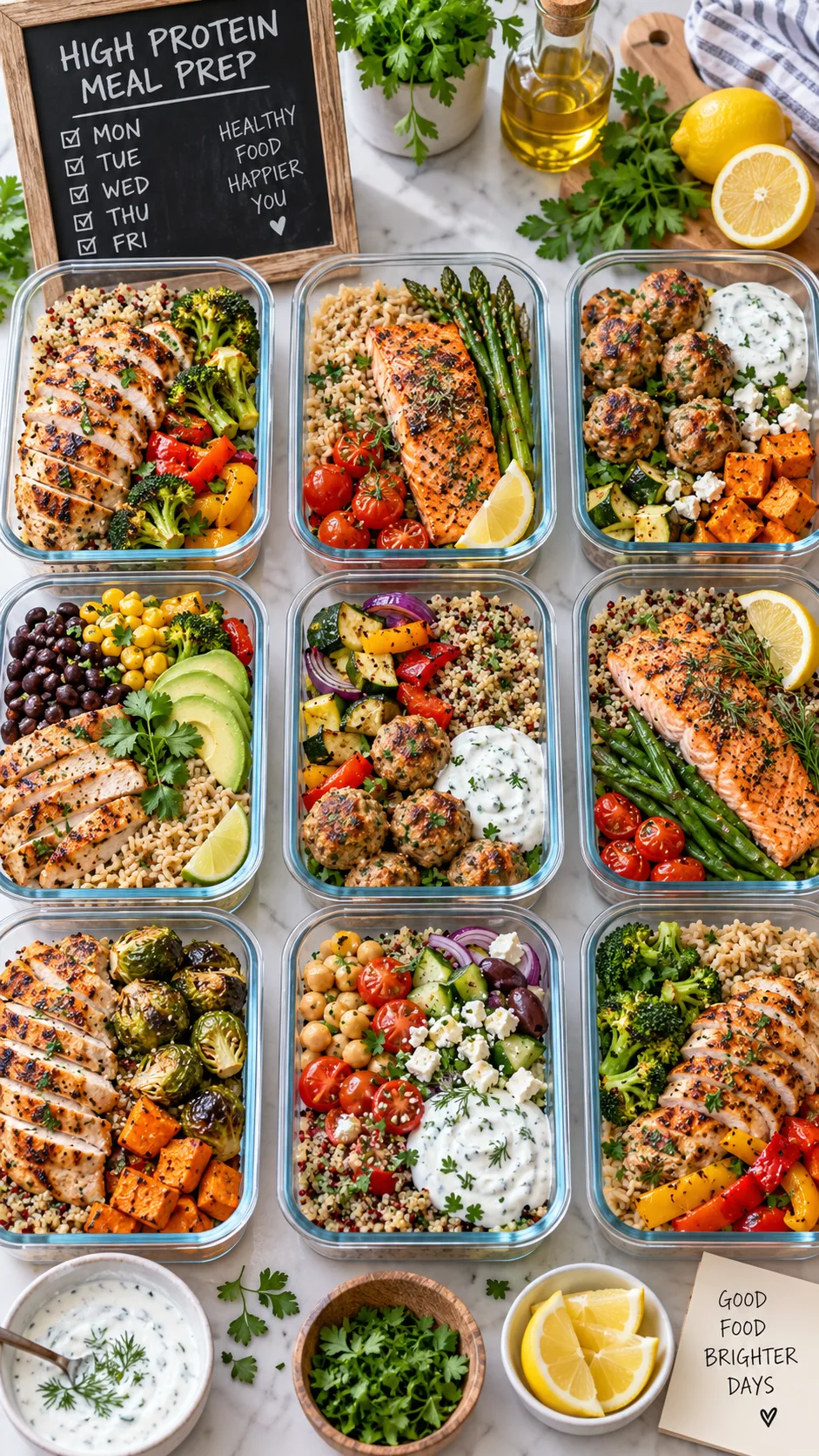 Bright overhead food photography of colorful healthy high protein meal prep containers arranged for a work week, featuring grilled chicken, salmon, turkey meatballs, roasted vegetables, quinoa, brown rice, beans, Greek yogurt sauce, fresh herbs, lemon wedges, natural daylight, realistic home kitchen setting