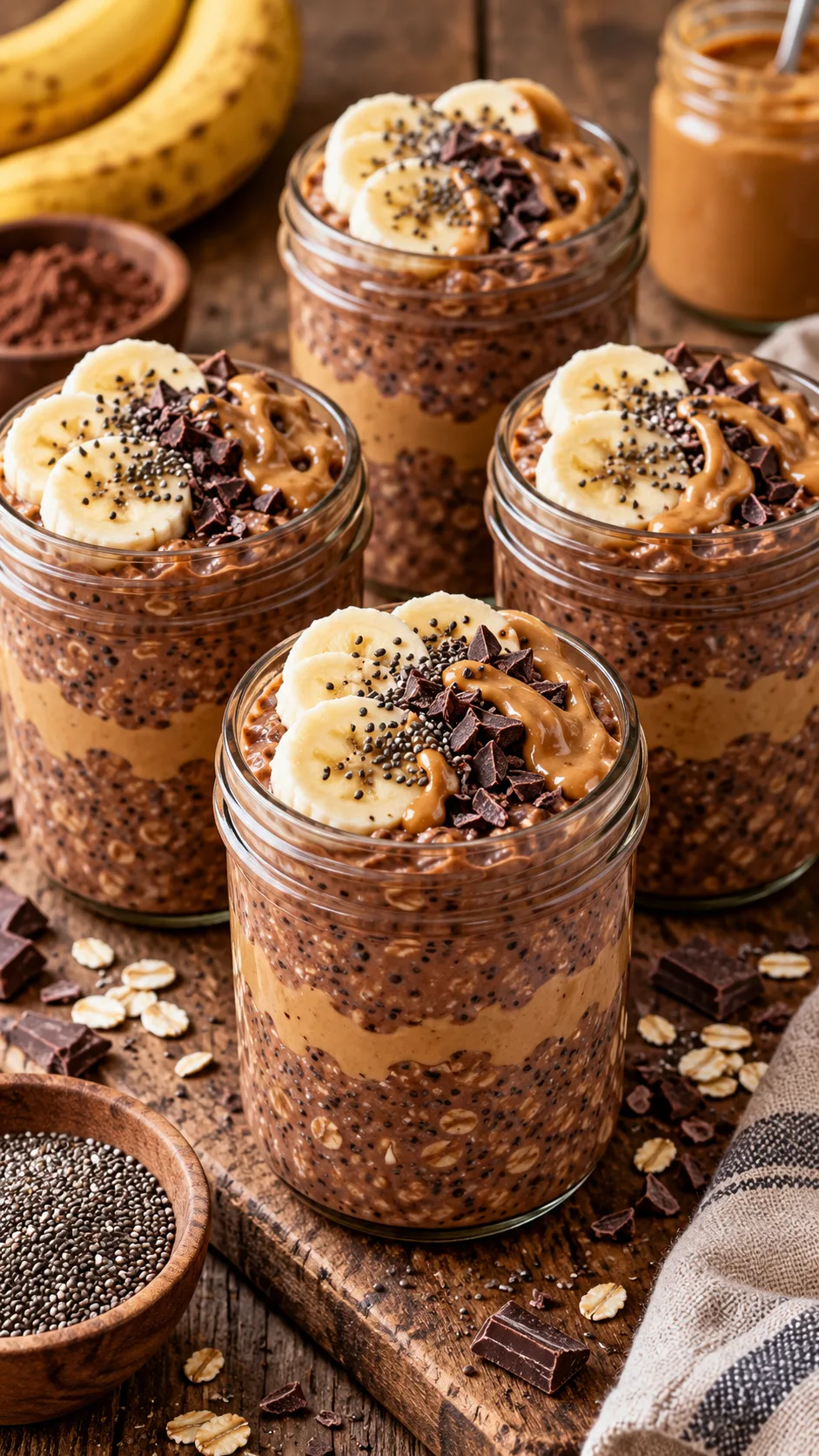 Four glass mason jars containing layers of chocolate peanut butter high-protein overnight oats, topped with chia seeds, banana slices, and a peanut butter swirl on a rustic wooden table.