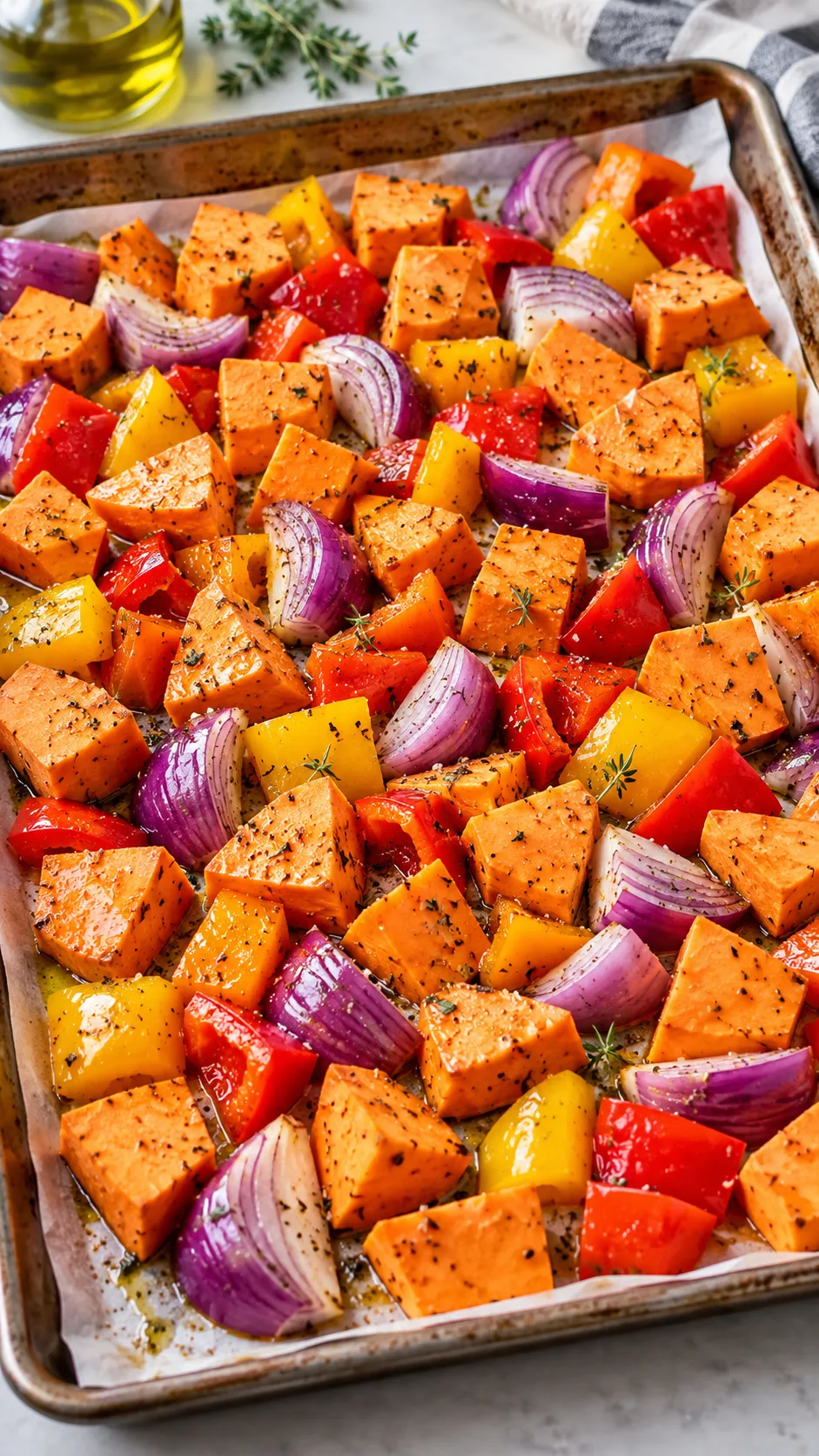 A baking sheet filled with colorful diced sweet potatoes, red onions, and bell peppers coated in olive oil, ready for the oven