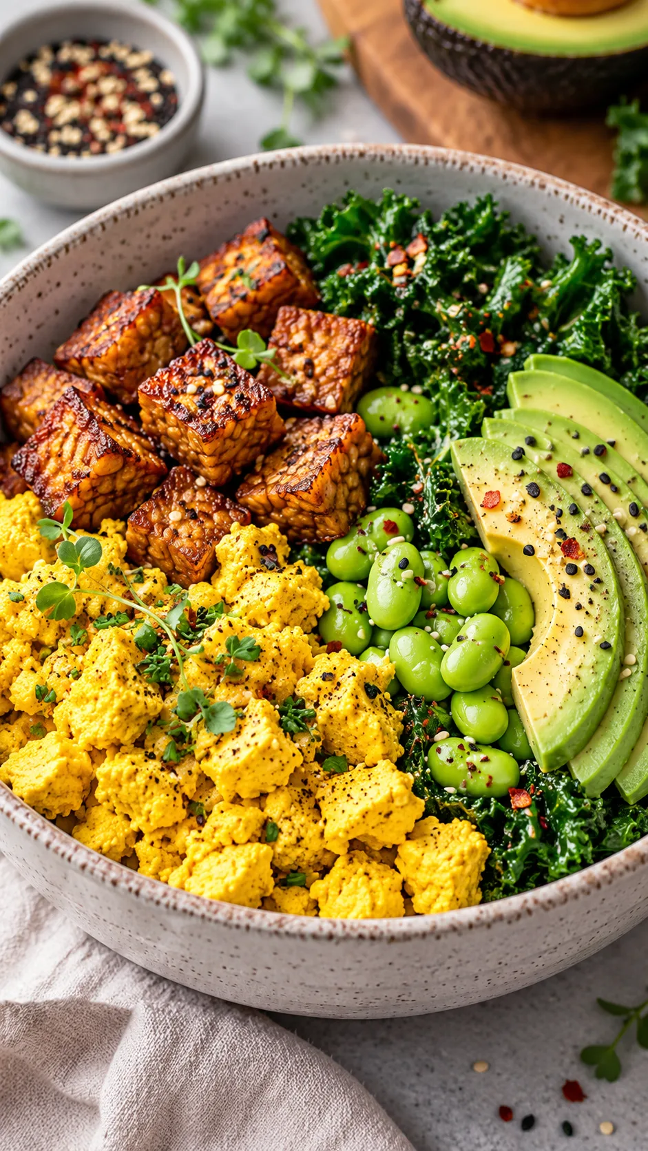 A delicious plant-based breakfast bowl featuring scrambled golden turmeric tofu, crispy tempeh cubes, vibrant green edamame, sautéed kale, and sliced avocado arranged neatly in a modern ceramic container.