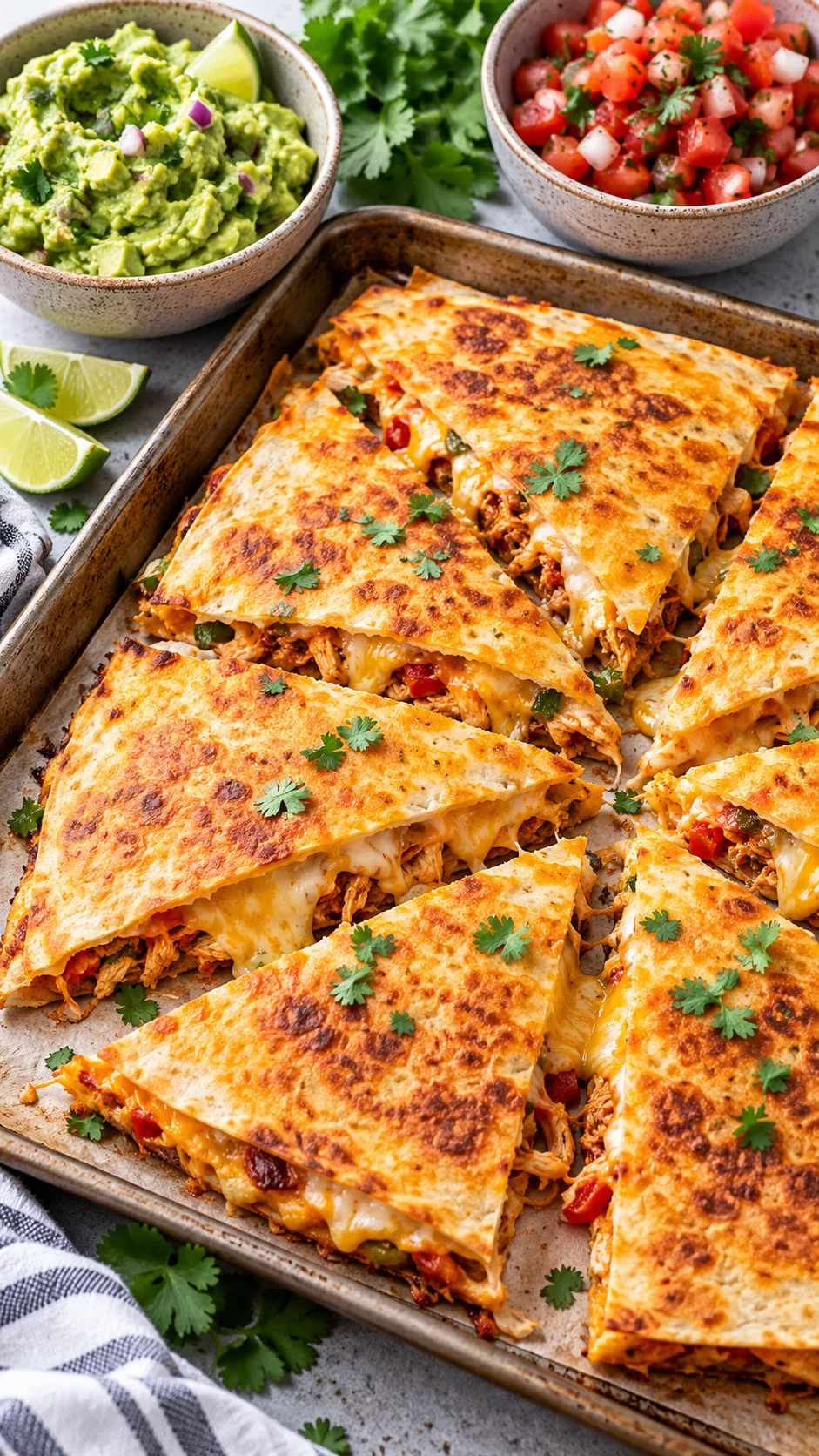 Crispy golden sheet pan quesadillas sliced into wedges with bowls of guacamole and salsa nearby