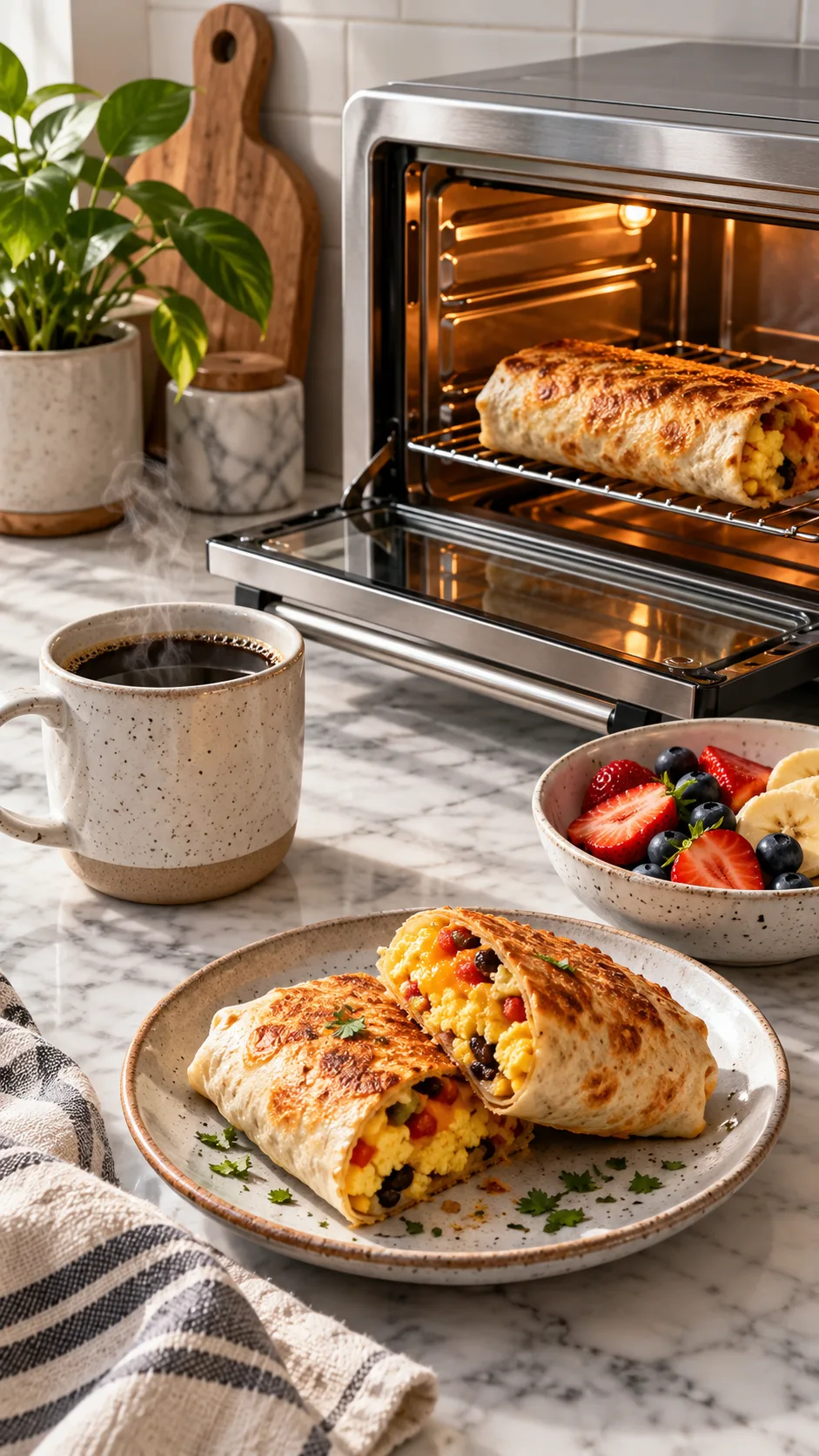 A clean aesthetic shot of an open toaster oven crisping a golden-brown breakfast burrito, beside a ceramic mug of black coffee and fresh fruit on a marble countertop.