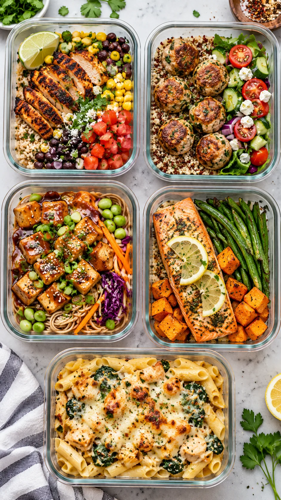 Editorial overhead photography of five varied high protein meal prep lunches in reusable containers: smoky chicken burrito bowl, turkey meatballs with quinoa and salad, ginger tofu noodle bowl, lemon salmon with sweet potato and green beans, creamy protein pasta bake, colorful appetizing textures, bright natural light