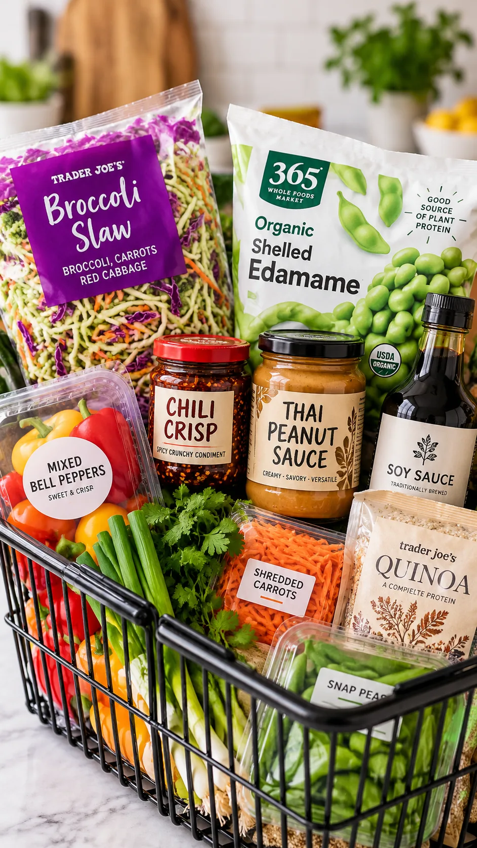 A grocery basket filled with colorful convenient meal prep staples like bagged slaw, frozen edamame, and glass sauce jars