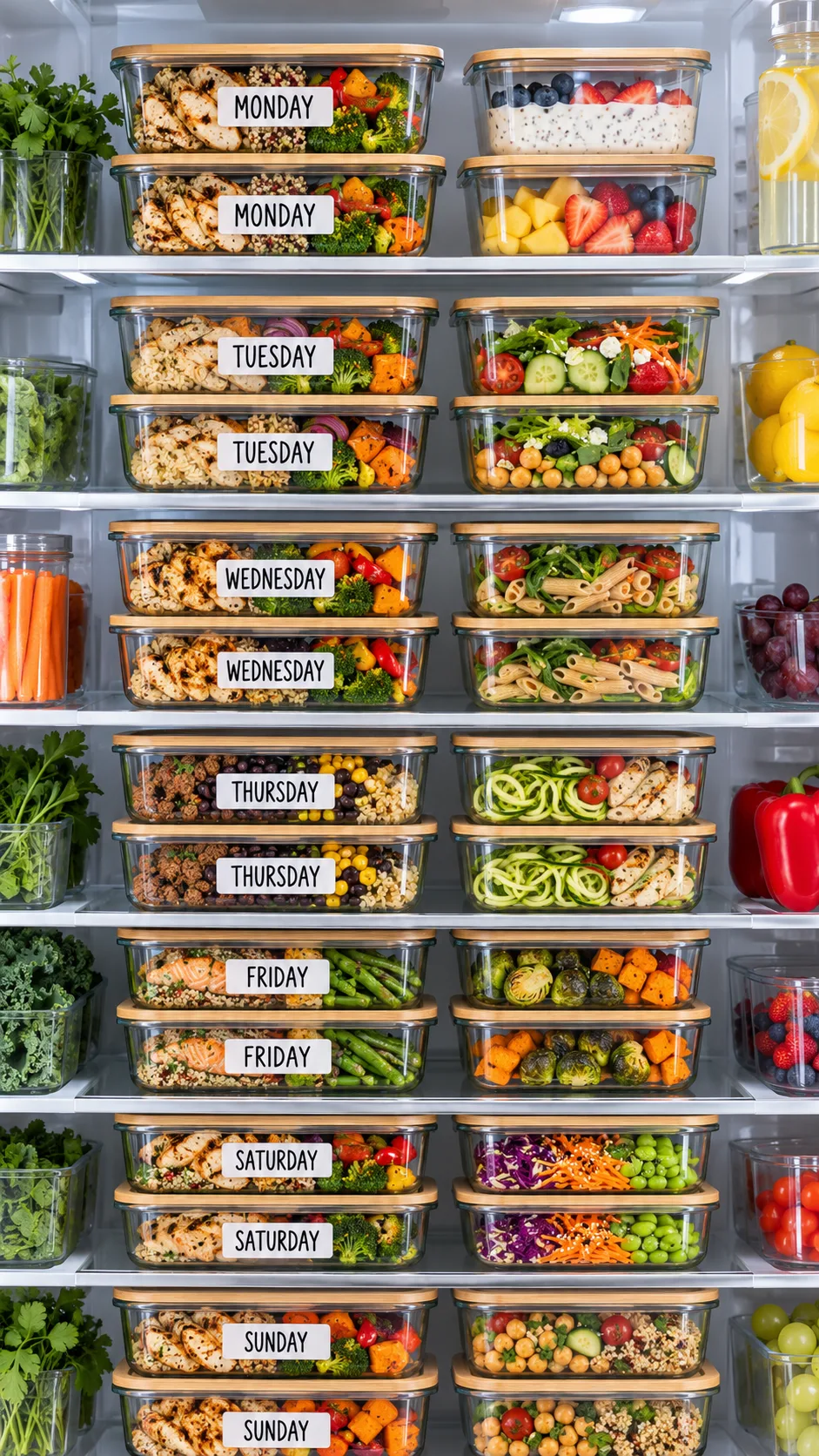 Glass meal prep containers organized inside a clean refrigerator with clearly labeled days of the week