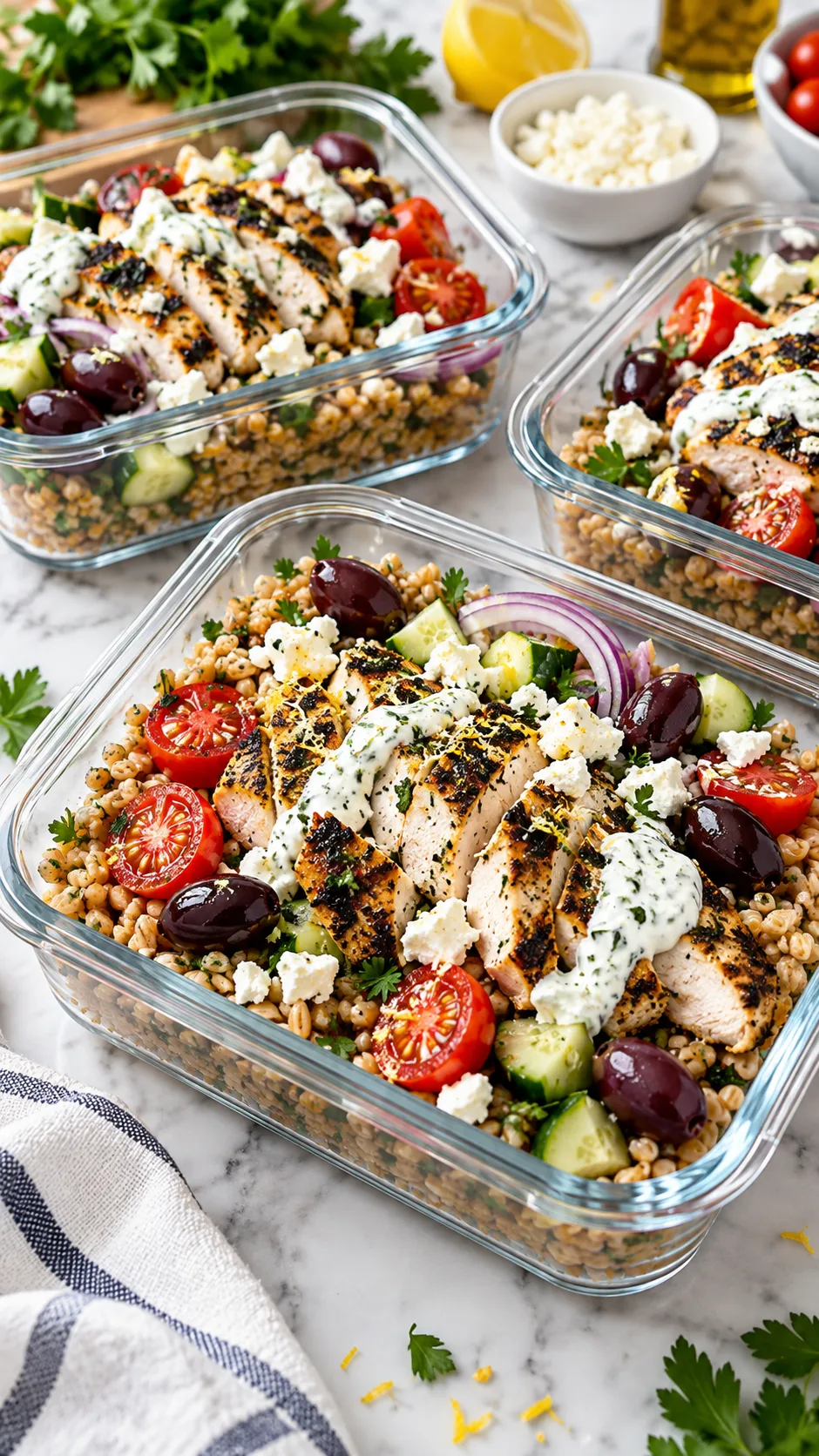 Glass meal prep containers filled with vibrant Mediterranean grain bowls featuring spiced farro, grilled lemon herb chicken, kalamata olives, cherry tomatoes, and creamy feta drizzle, shot on a bright marble kitchen counter