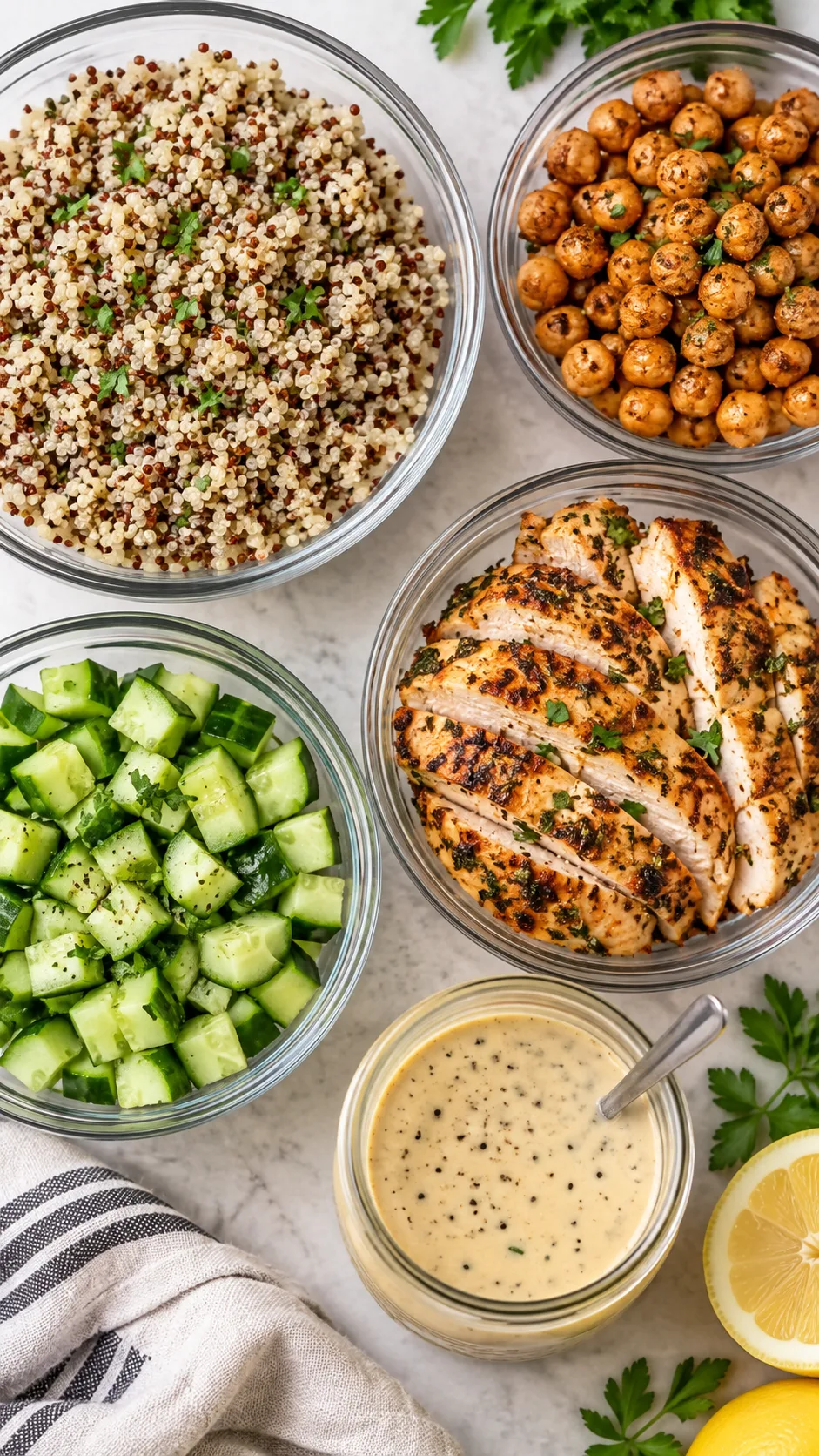 Mise en place view of meal prep ingredients in separate glass bowls: cooked quinoa, roasted chickpeas, marinated grilled chicken slices, diced cucumbers, and a jar of lemon tahini dressing