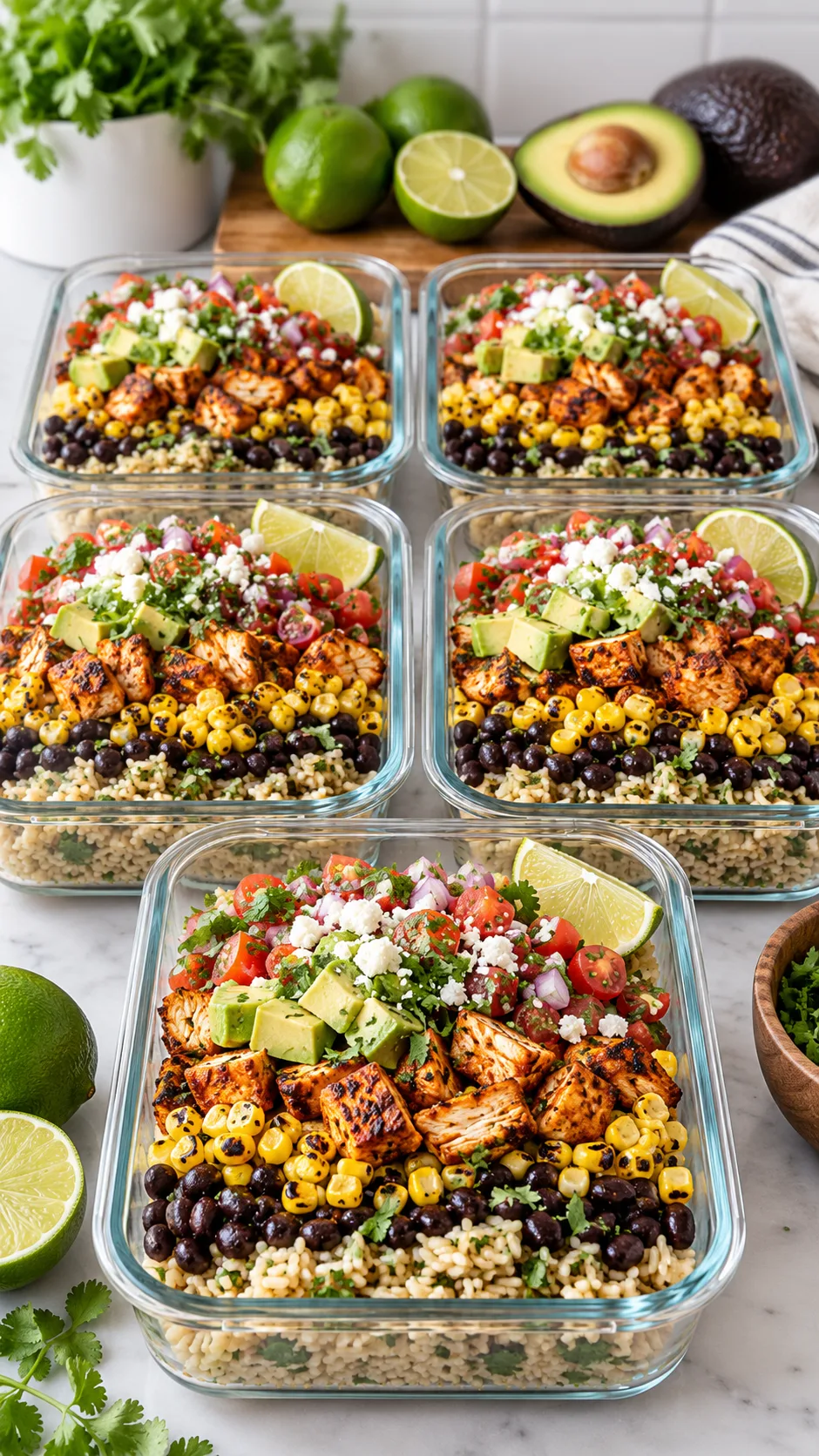 Five neatly organized glass meal prep containers filled with vibrant layered burrito bowls, featuring grilled achiote chicken, charred corn, seasoned black beans, and cilantro lime brown rice, captured on a clean modern kitchen counter with fresh whole limes and avocados in the background, bright natural lighting, professional food photography