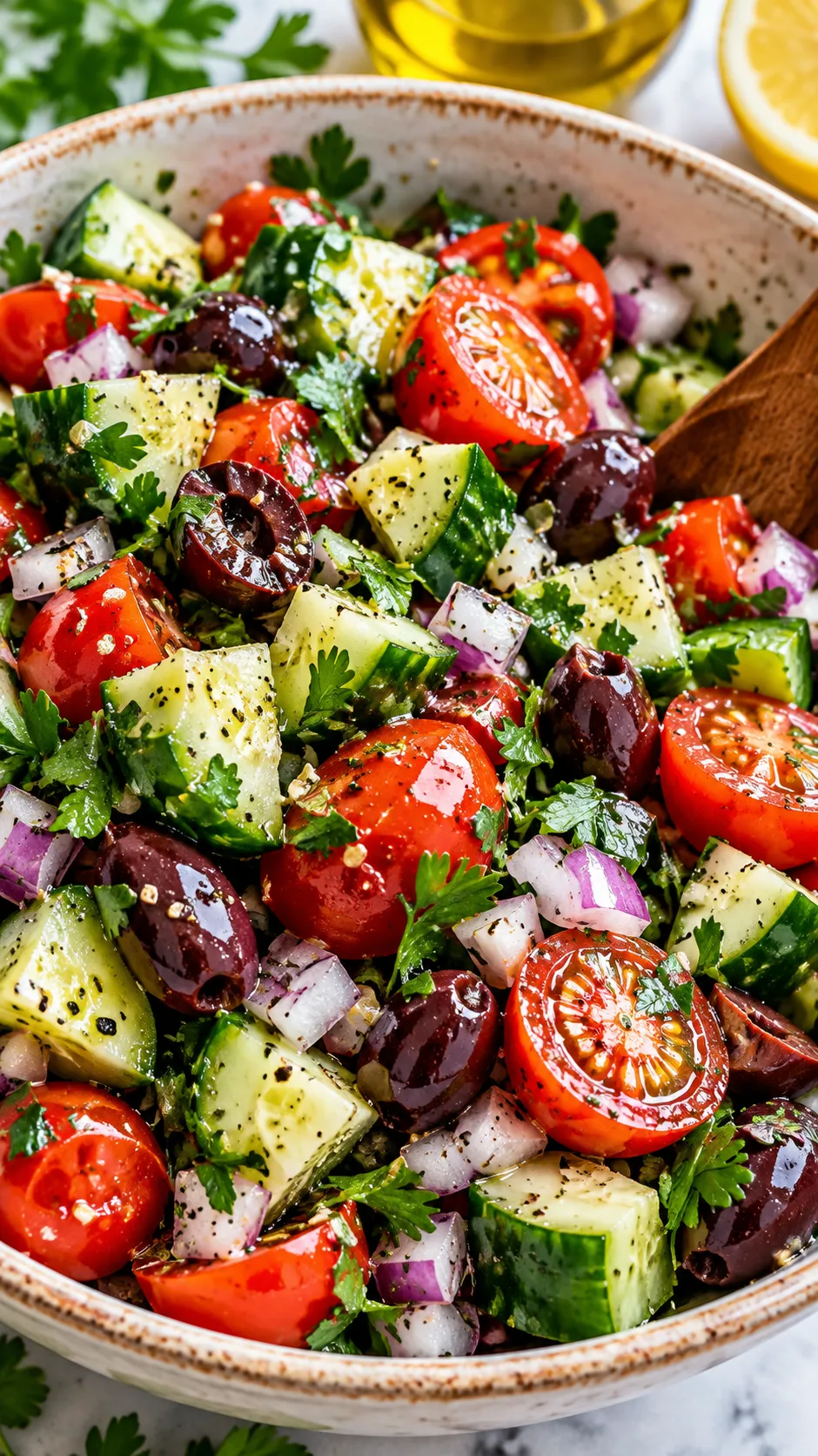 Close-up of a vibrant Mediterranean salad assembly with chopped cucumbers, cherry tomatoes, kalamata olives, diced red onion, and fresh parsley tossed in olive oil