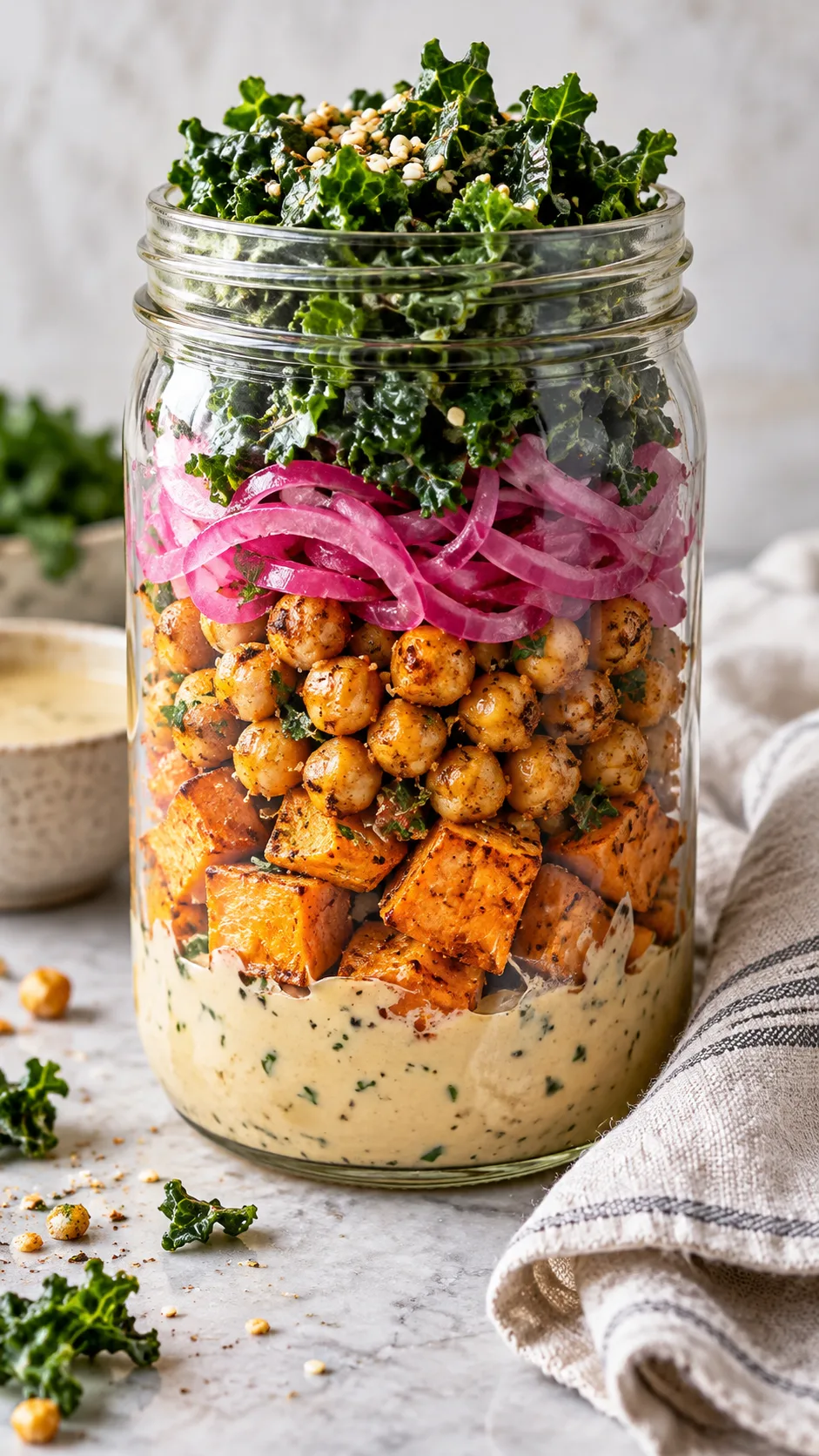 A tall glass mason jar layered with tahini dressing at the base, roasted sweet potato cubes, spiced chickpeas, pickled red onions, and shredded dark kale at the top, placed beside an open linen napkin