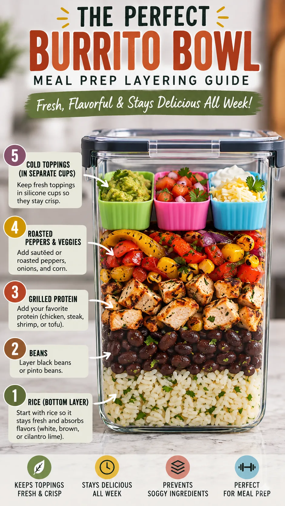Step-by-step culinary cross-section diagram showing the precise layering order of a meal prep burrito bowl inside an airtight container, with rice at the bottom, beans next, then grilled protein, roasted peppers, and cold toppings packed separately in small silicone cups