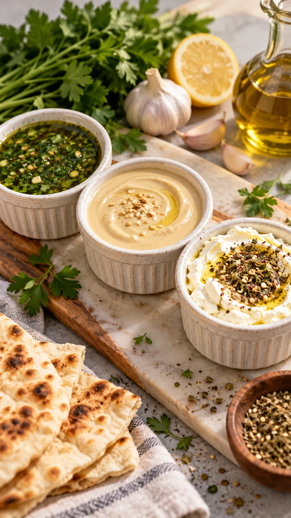 Three small ceramic ramekins sitting side-by-side filled with green herb vinaigrette, smooth garlic tahini, and whipped feta dip sprinkled with zaatar herbs and olive oil