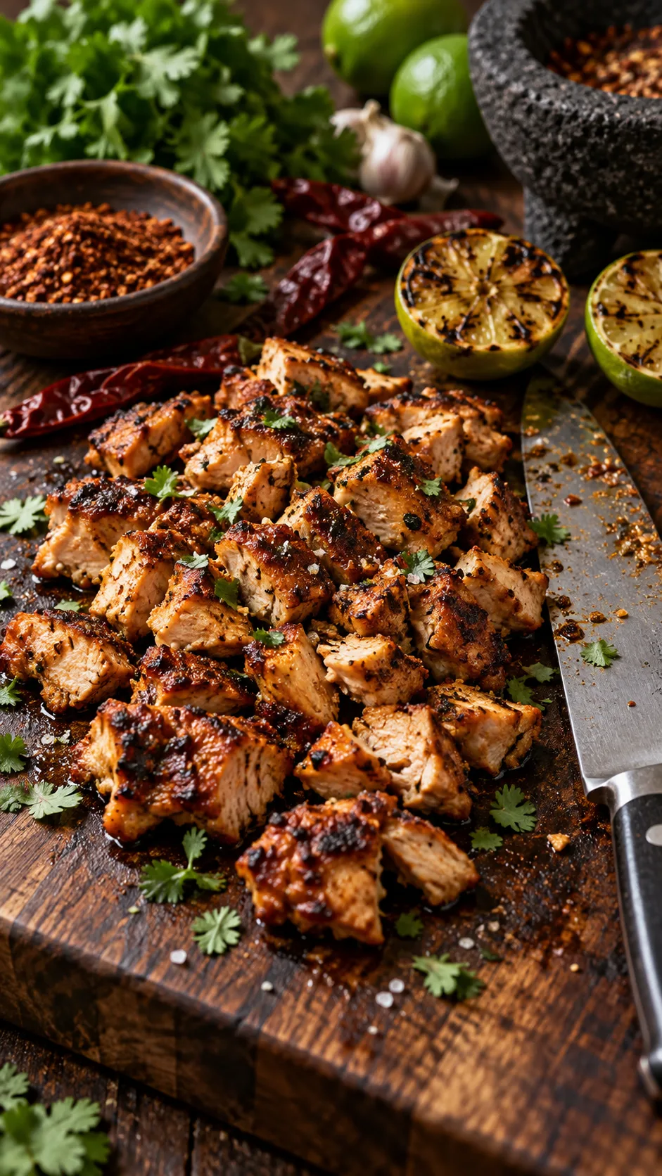 Golden-brown diced chicken thigh meat resting on a dark wooden cutting board next to fresh Mexican spices, charred limes, and a sharp chef knife, captured with shallow depth of field