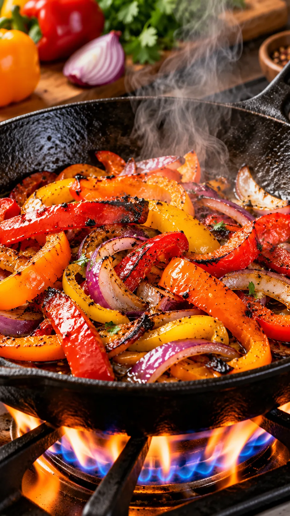 Sizzling colorful bell peppers and red onions charring in a heavy black cast iron skillet over an open gas flame, capturing wisps of aromatic steam and vibrant orange and red colors