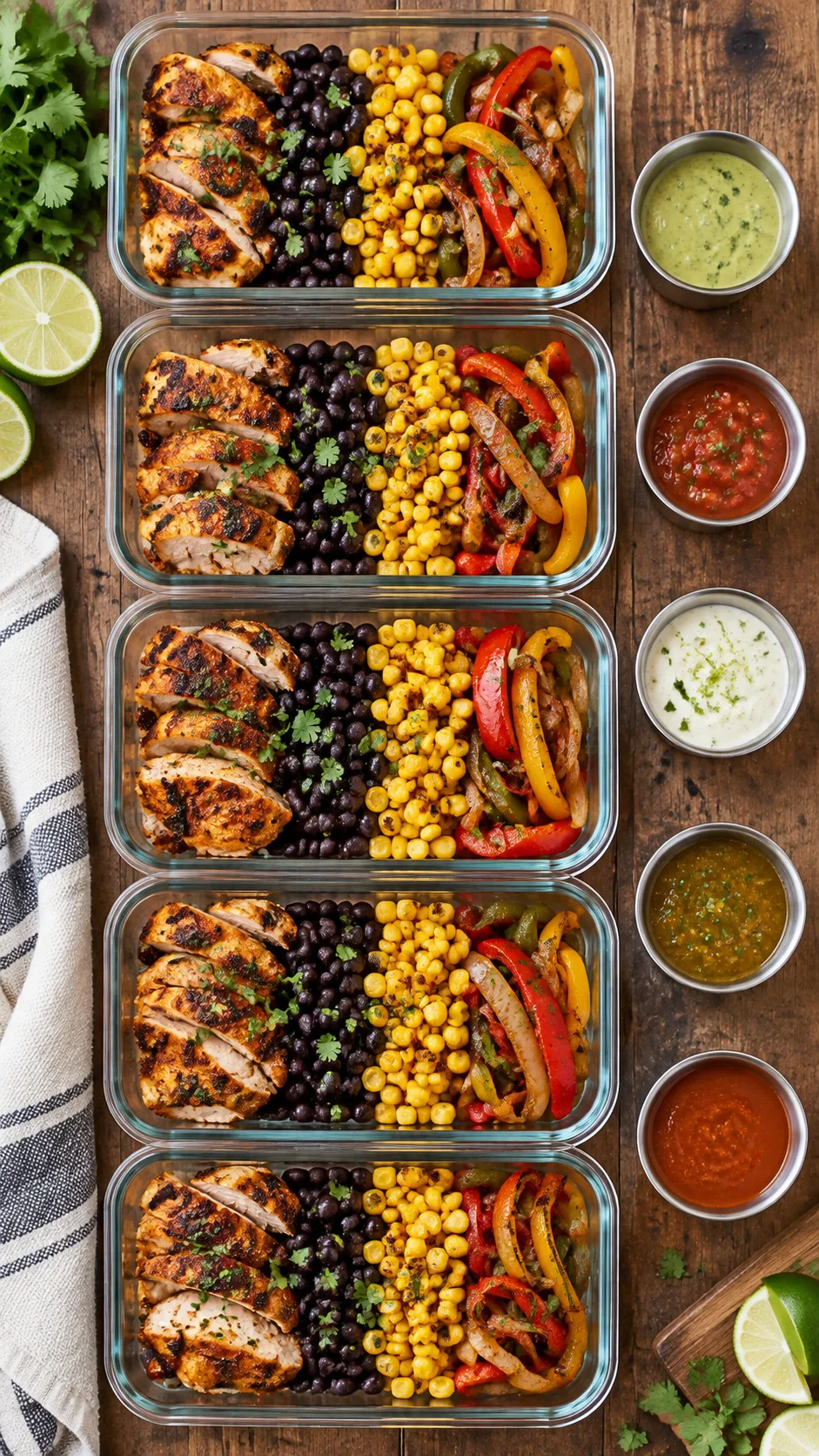 Overhead flat-lay photograph of five open glass meal-prep meal containers lined up on a rustic wooden table, each packed systematically with seared chicken thighs, black beans, charred corn, and fajita vegetables, beside stacked small stainless steel sauce containers