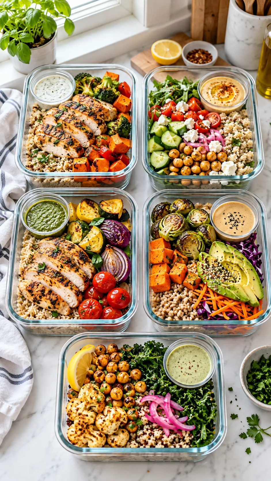 Bright realistic overhead food photography of five colorful meal prep lunch containers on a clean kitchen counter, each with grains, roasted vegetables, chicken or chickpeas, greens, sauces in small cups, natural morning window light, practical home kitchen setting