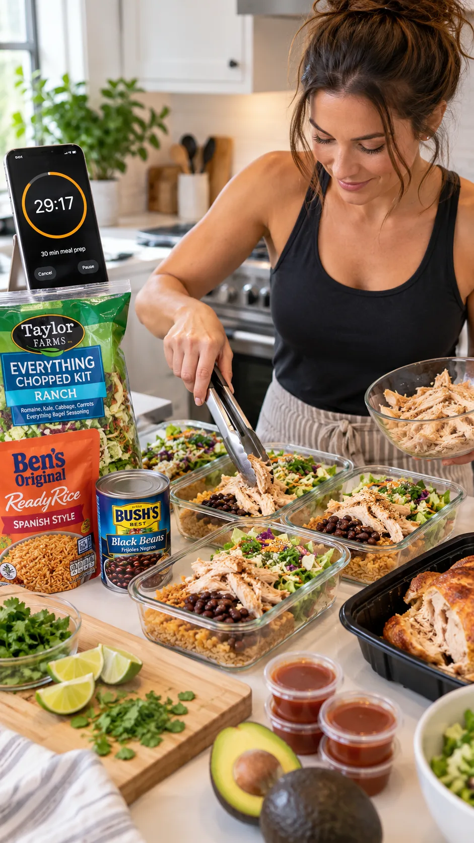 Realistic lifestyle photography showing a home cook rapidly assembling meal prep containers during a 30 minute kitchen routine, timer on phone, bagged salad, microwave rice, rotisserie chicken, canned beans, sauce cups, bright tidy counter