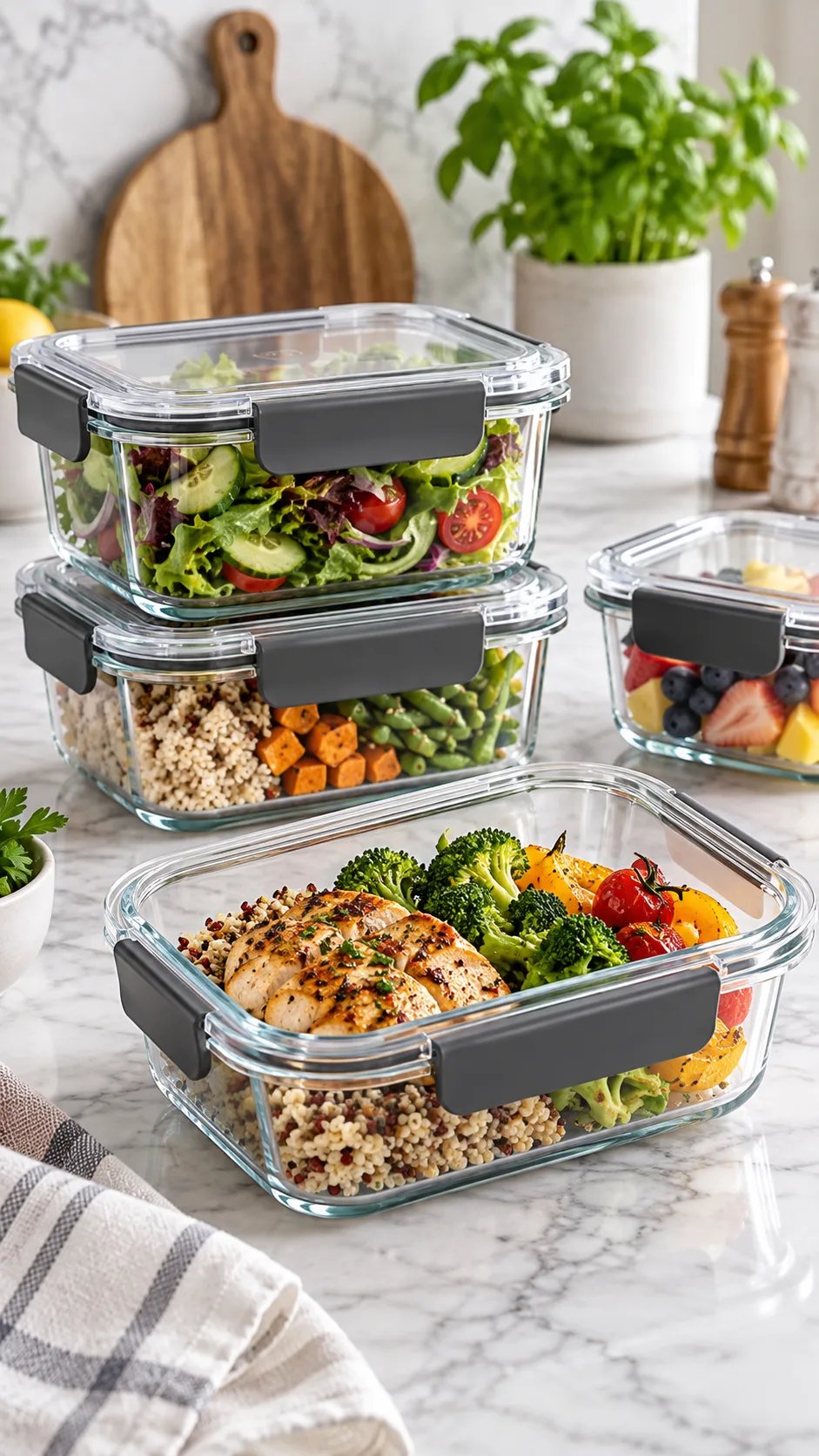 High quality borosilicate glass meal prep container with modern locking snap lids on a marble tabletop, showing crystal clear transparency and clean design aesthetic