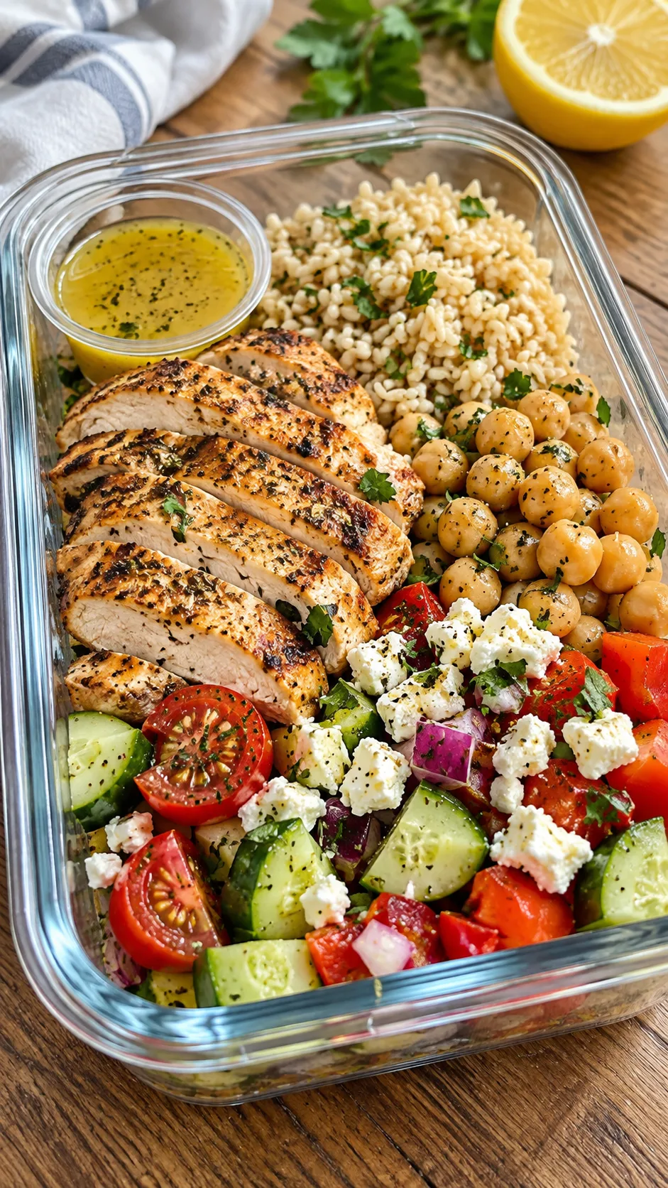 Close-up realistic food photography of a balanced high protein meal prep lunch bowl with chicken, chickpeas, brown rice, colorful chopped vegetables, feta, lemon dressing in a small cup, meal prep container on wooden table, natural daylight