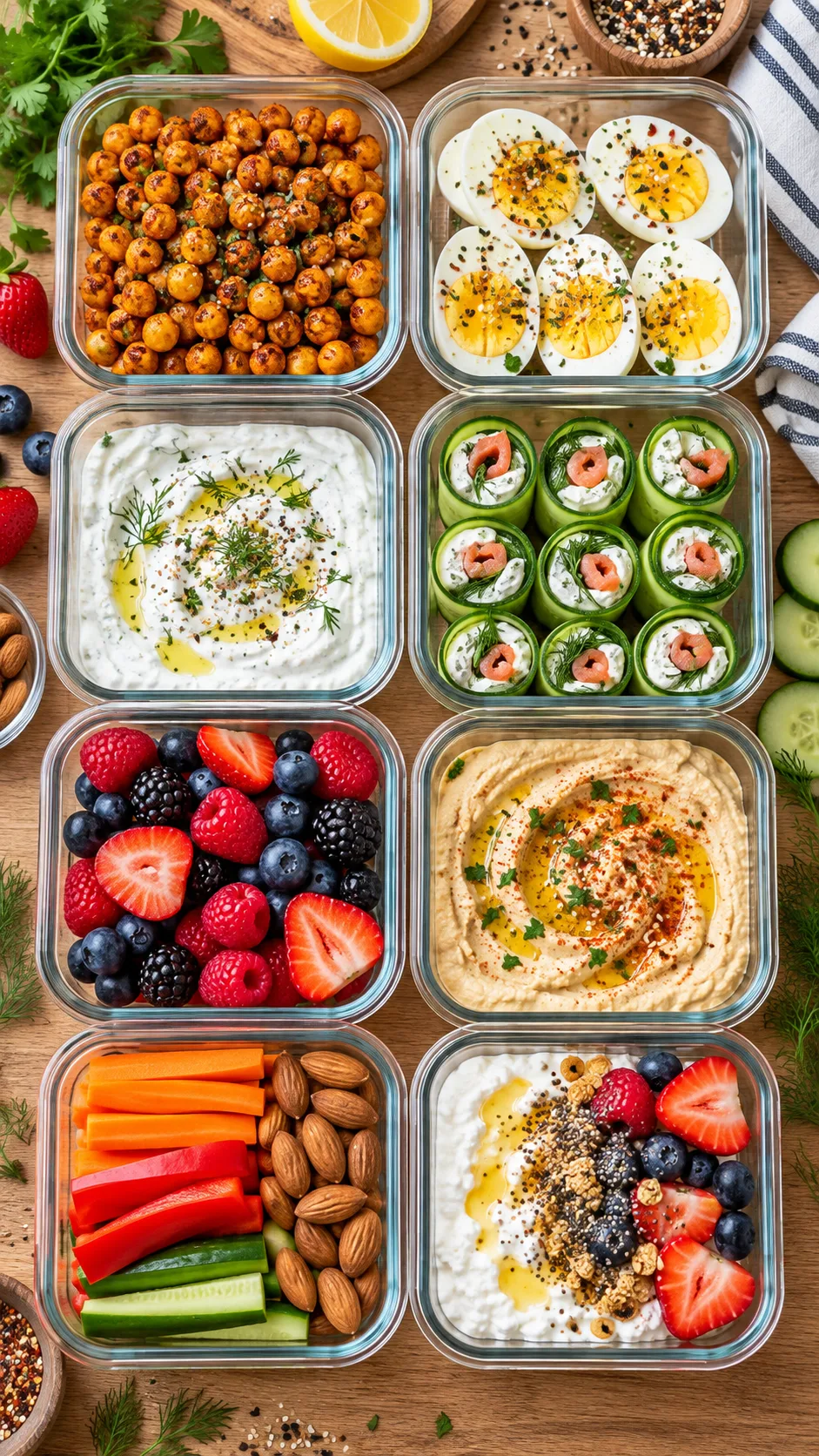 Overhead aesthetic shot of colorful meal-prepped healthy snacks arranged in neat glass meal prep containers, featuring roasted chickpeas, hard-boiled eggs with seasoning, Greek yogurt dips, cucumber roll-ups, and fresh berries on a bright wooden countertop