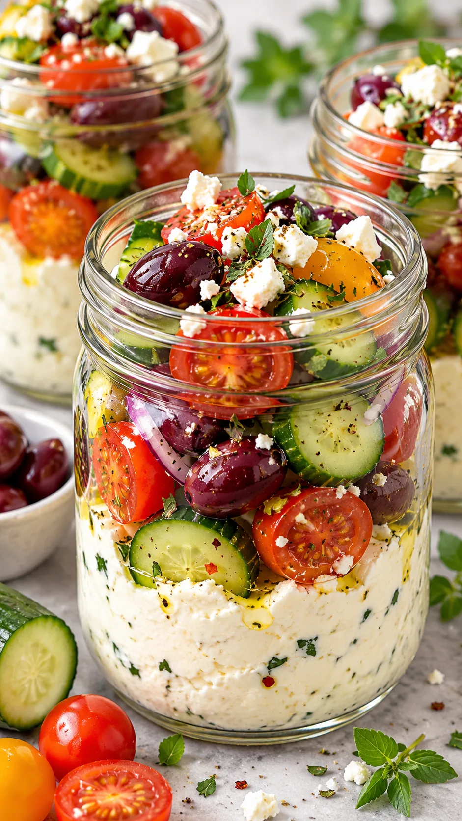 Close up shot of glass mason jars layered with creamy whipped feta at the bottom and colorful fresh sliced cucumbers, cherry tomatoes, and kalamata olives on top, studio lighting, crisp focus