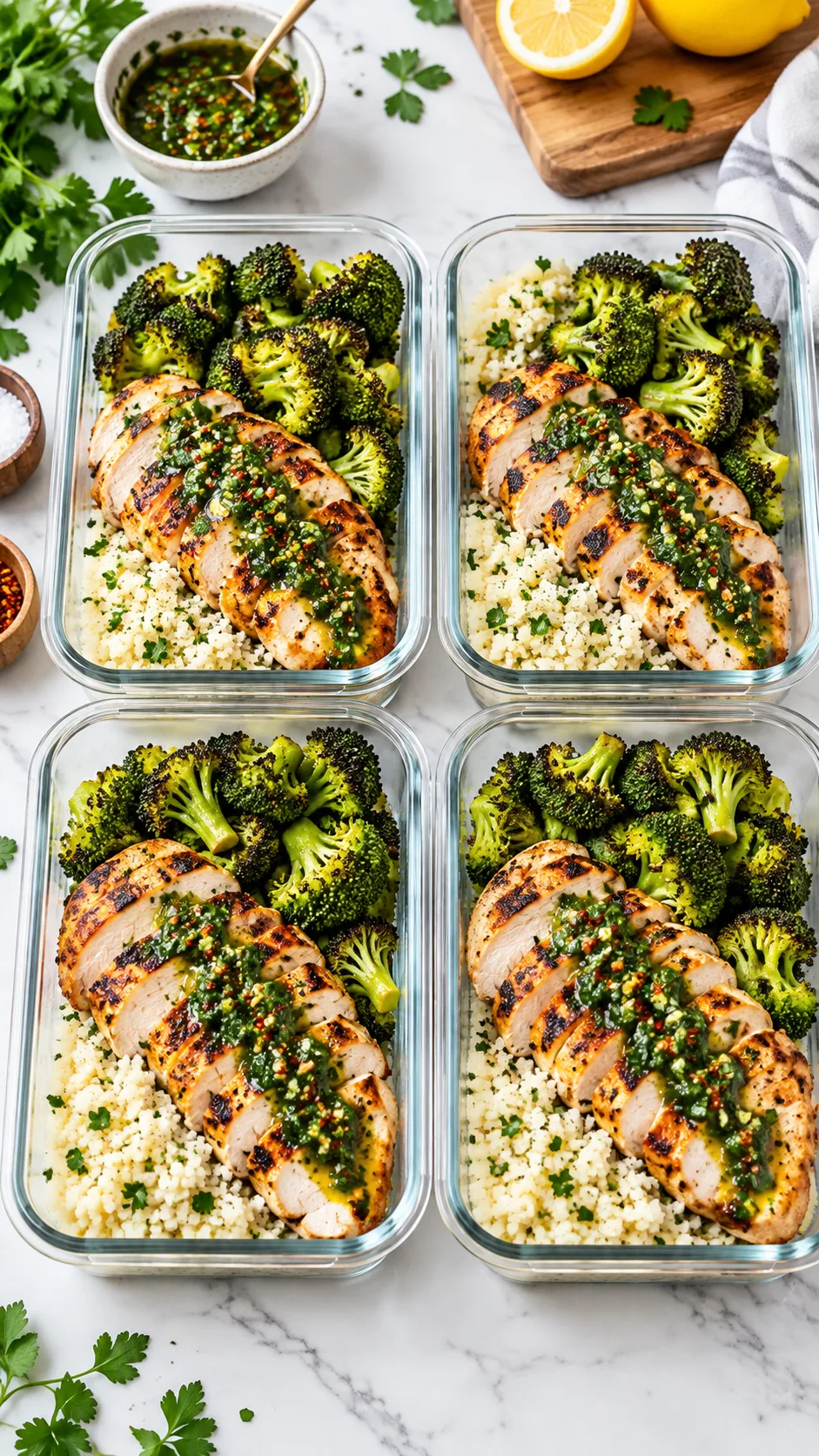 A flat lay photography shot of four high-protein low-carb glass meal prep containers lined up neatly on a bright modern kitchen counter, featuring sliced grilled chicken breast with fresh chimichurri, vibrant roasted broccoli florets, and cauliflower rice, bright natural lighting, professional food photography