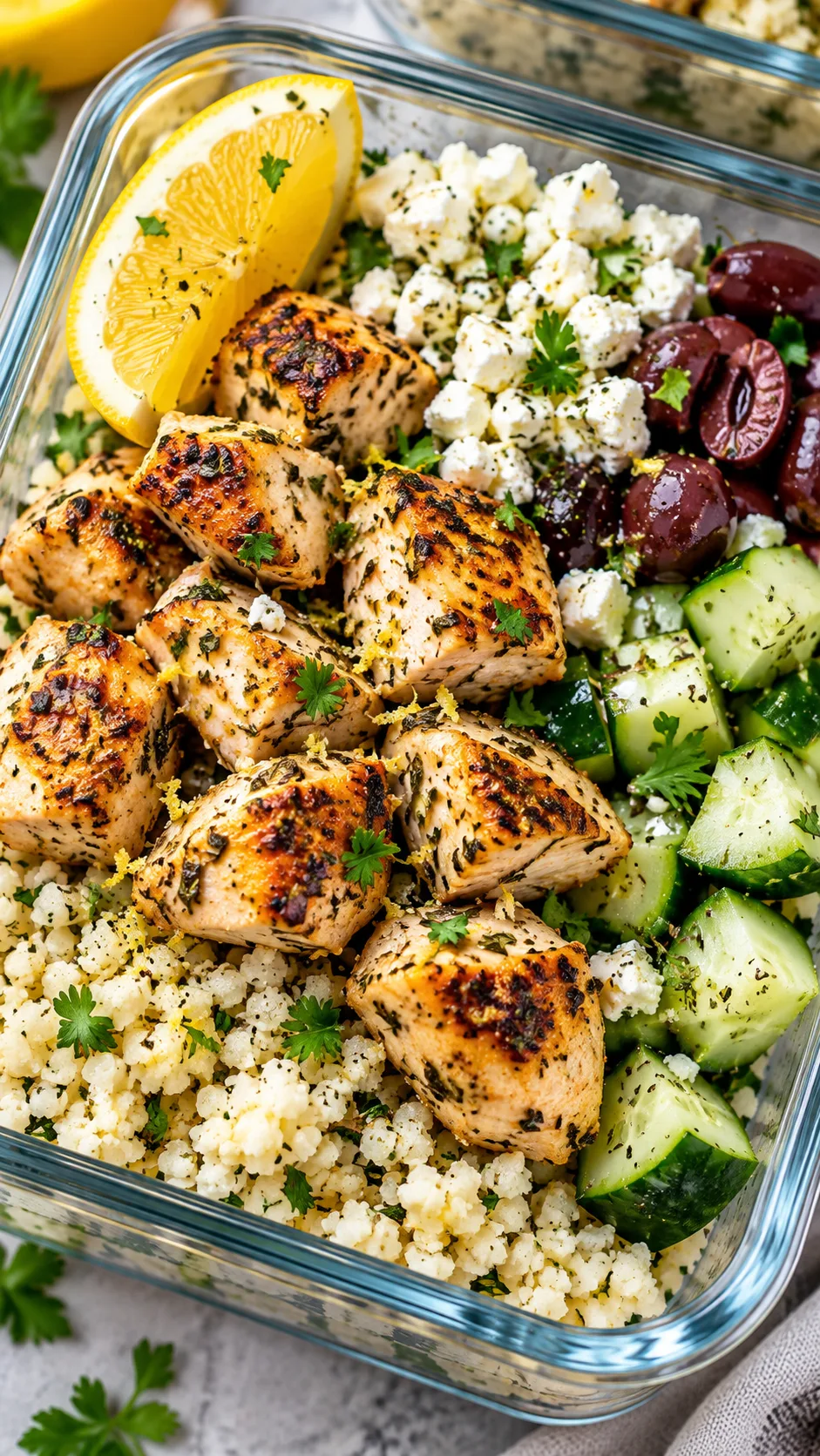 Close up shot of a vibrant Greek Lemon Herb Chicken meal prep bowl inside a glass container, golden brown seared chicken cubes, seasoned cauliflower rice, chopped cucumber, kalamata olives, crumbled feta cheese, and a fresh lemon wedge garnish