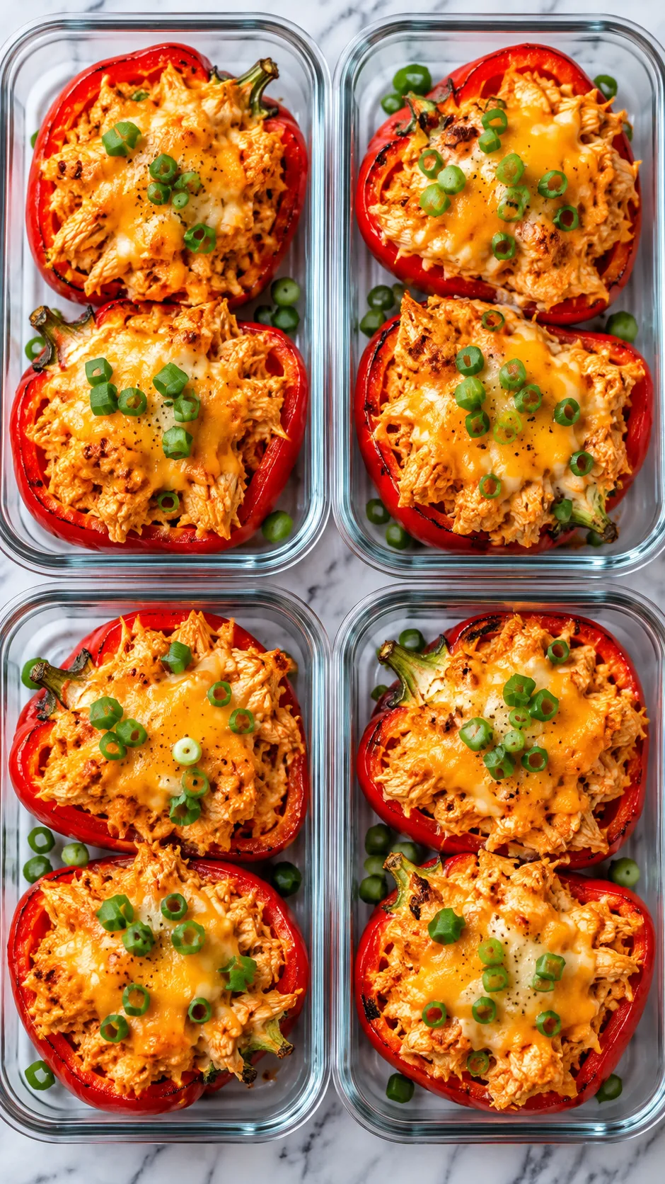 Overhead view of four meal prep containers filled with bright red bell peppers cut in half and stuffed with spicy buffalo chicken breast filling, topped with melted cheddar cheese and chopped green scallions