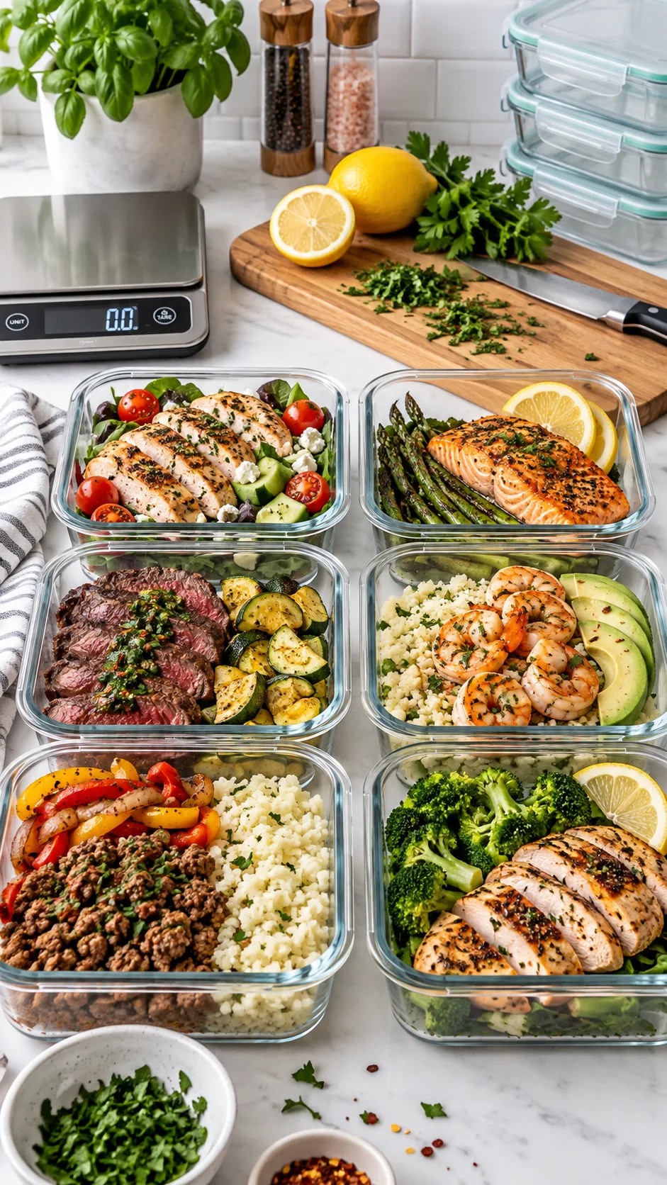 Clean studio photography of a weekly meal prep station, glass meal prep containers filled with varied high-protein low-carb lunches, kitchen scale, cutting board with fresh lemon and herbs, modern bright minimalist layout