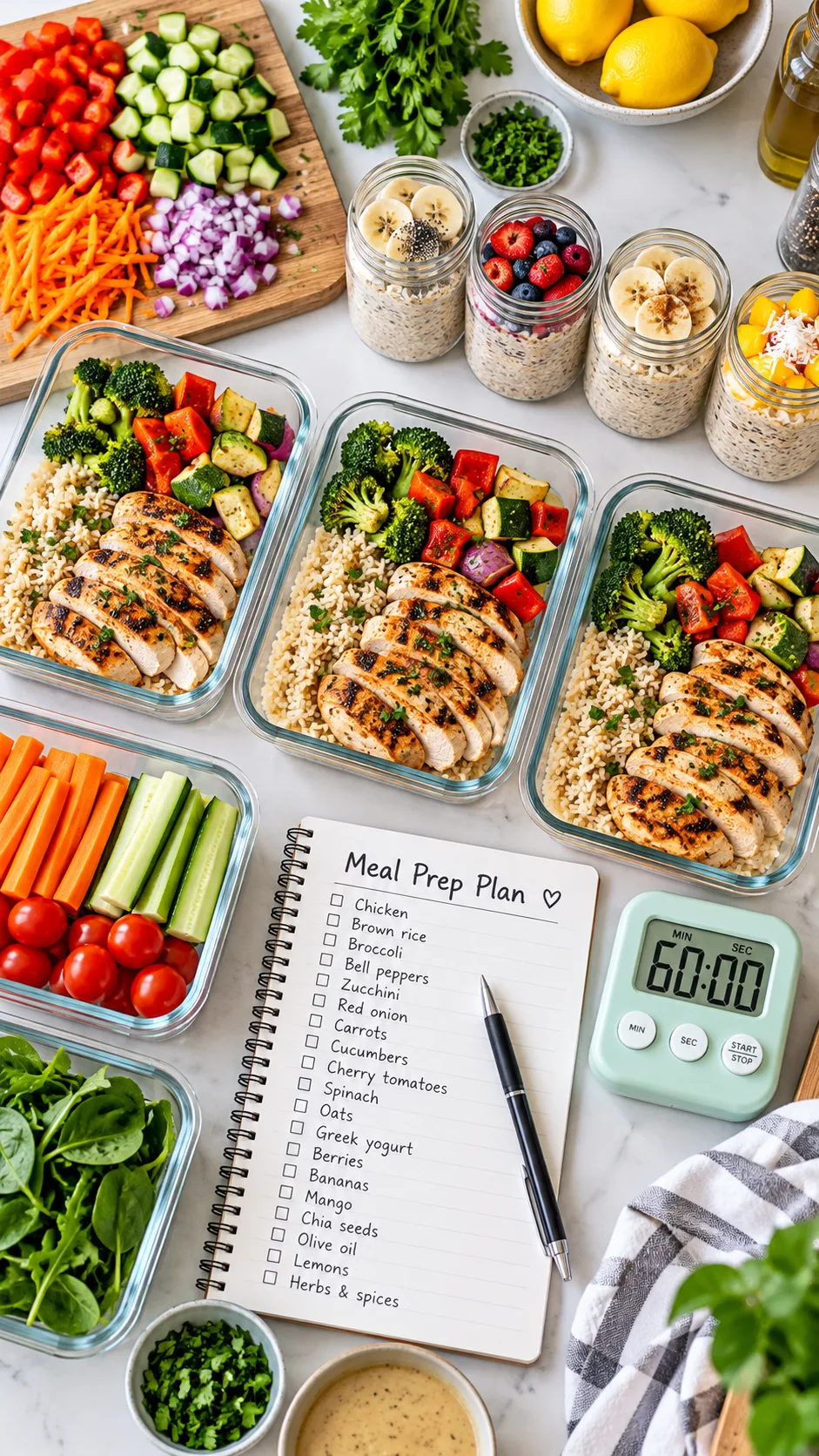 Bright realistic overhead food photography of beginner meal prep on a clean kitchen counter, with chicken rice bowls, colourful chopped vegetables, overnight oats, glass containers, grocery list, and a simple kitchen timer showing 60 minutes