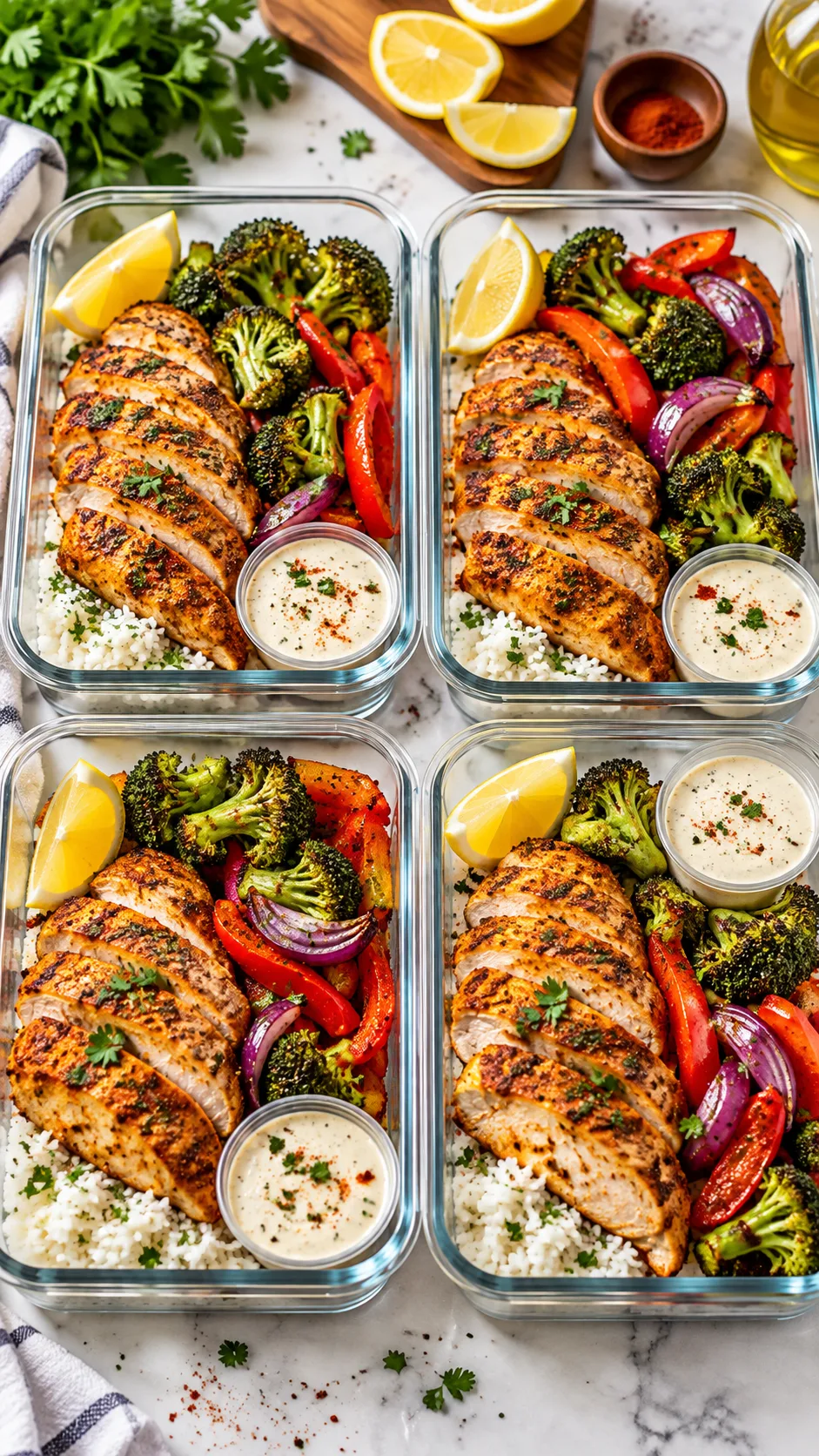 Realistic close-up food photography of four meal prep containers filled with sliced paprika chicken, roasted broccoli, red peppers, red onion, fluffy rice, lemon wedges, and small sauce cups on a bright kitchen table