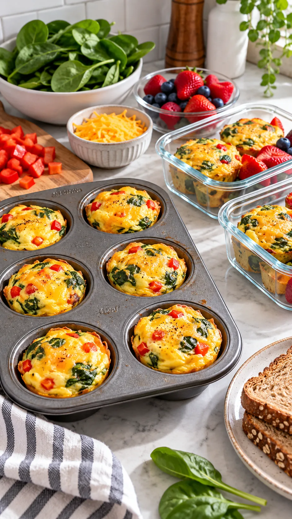 Natural bright food photography of baked egg muffins in a muffin tin beside meal prep containers, fresh spinach, diced red pepper, shredded cheese, berries, and whole grain toast on a home kitchen counter