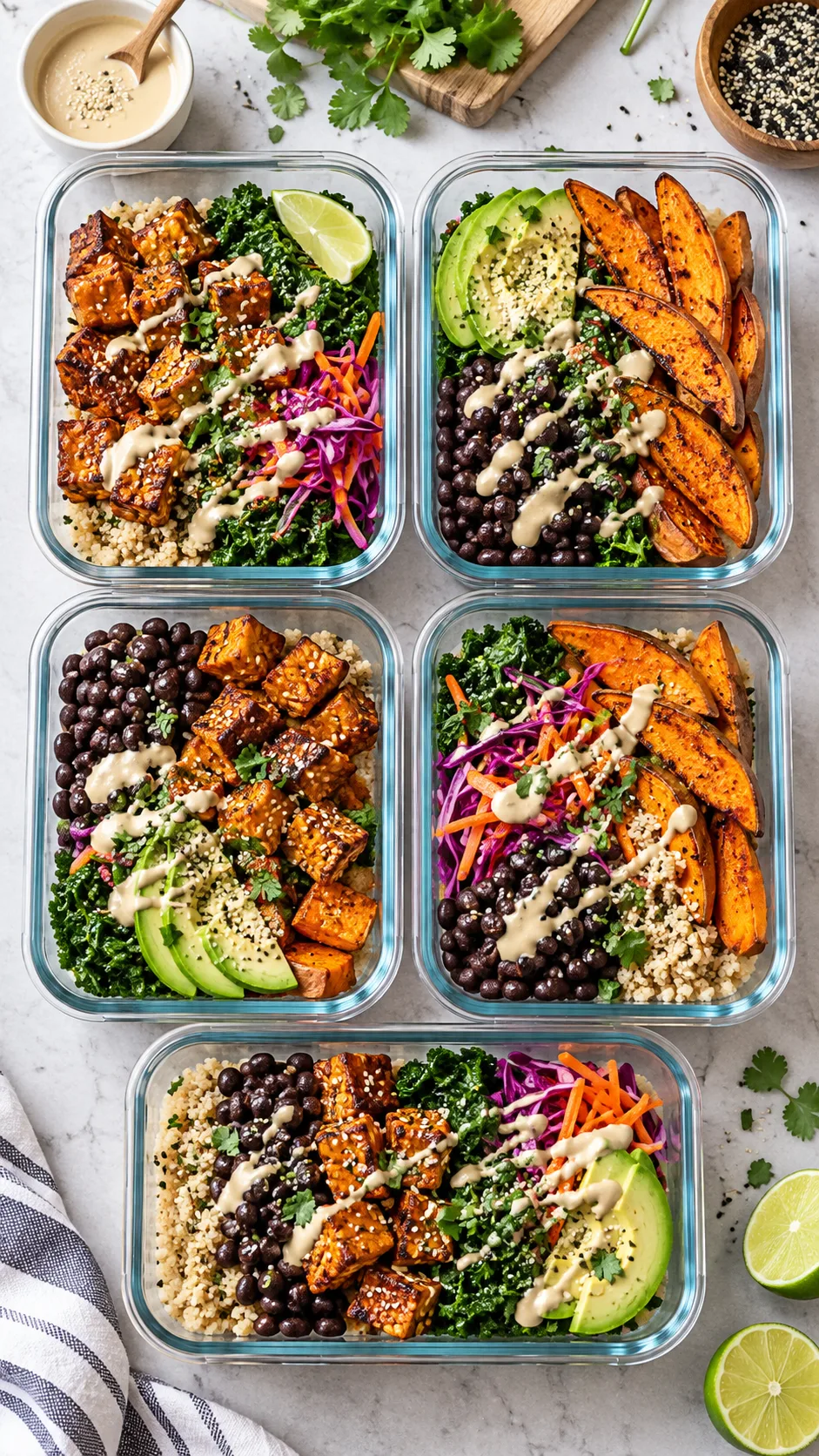 Five glass meal prep containers arranged neatly on a modern kitchen counter, filled with vibrant plant-based dishes including crispy spiced tempeh, black beans, sweet potato wedges, massaged kale, and tahini drizzle, shot in bright natural daylight, top-down angle.