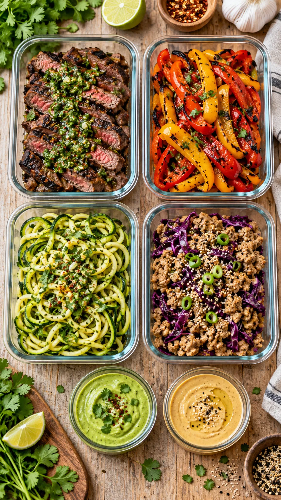 Overhead aesthetic flat-lay photo of five modern glass meal prep containers arranged neatly on a light rustic wooden kitchen counter, filled with colorful gourmet low carb foods: seared chimichurri steak strips, charred colorful bell peppers, vibrant zucchini noodles, sesame ground turkey with purple cabbage, and small glass ramekins filled with homemade bright green avocado cilantro crema and creamy golden tahini sauce.