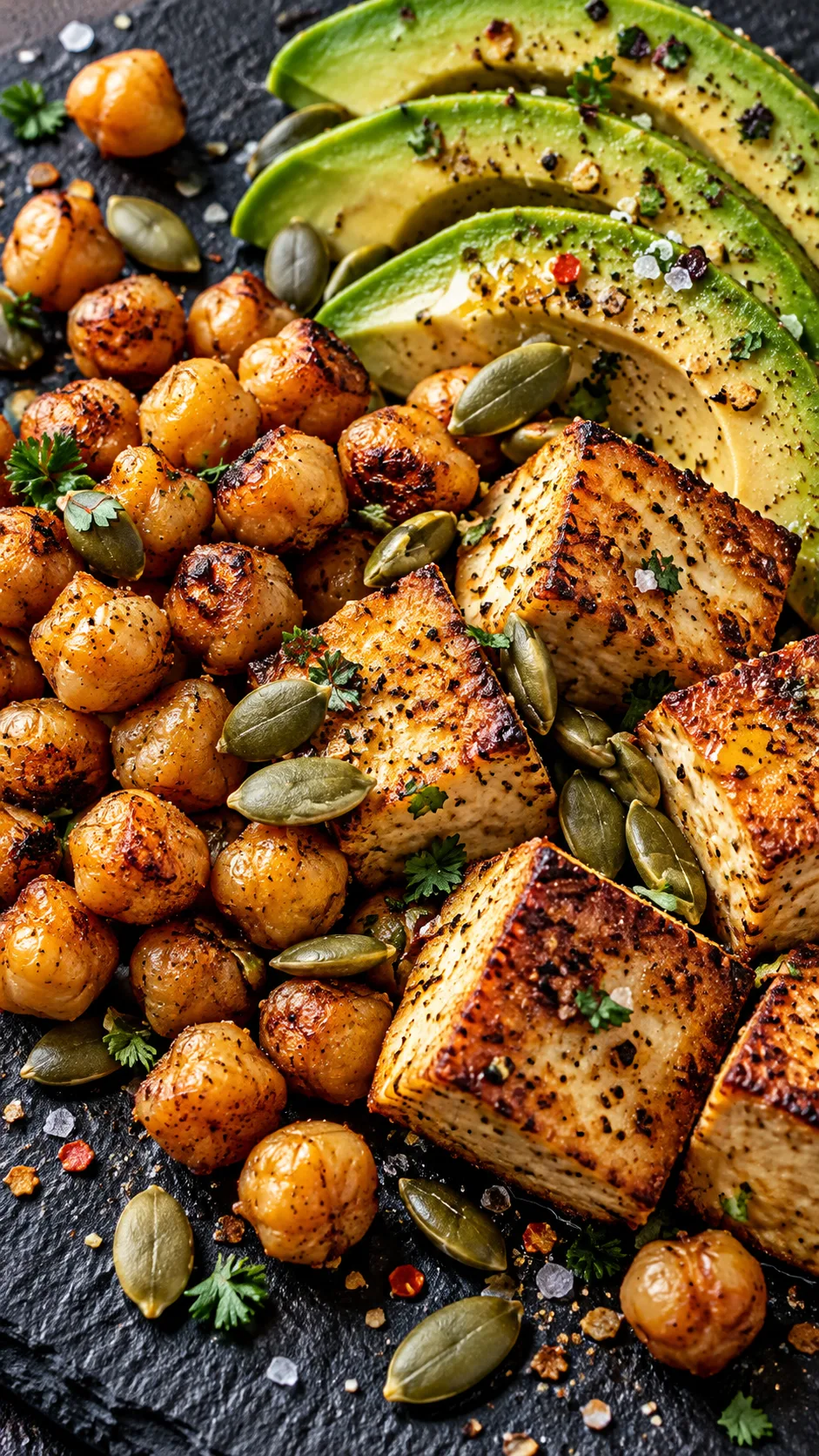 Close-up macro shot of roasted chickpeas, cubed pan-seared golden tofu, sliced avocado, and pumpkin seeds scattered on a dark slate surface, highlighting varied textures and rich culinary detail.