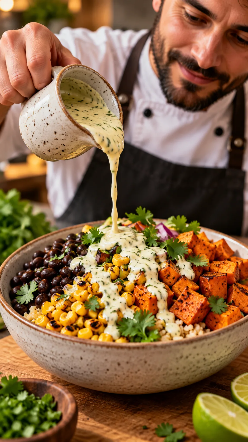 A chef drizzling a creamy garlic herb sauce over a colorful meal prep bowl containing black beans, grilled corn, roasted sweet potatoes, and cilantro, captured in sharp focus with warm, inviting lighting.