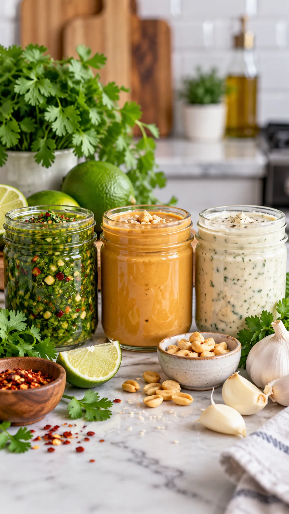 Eye-level shot of modern kitchen counter showing three small mason jars filled with fresh homemade keto sauces: bright green chimichurri with visible chili flakes, smooth golden sesame peanut sauce, and creamy white garlic tahini dressing, flanked by fresh ingredients like cilantro, limes, and garlic cloves.