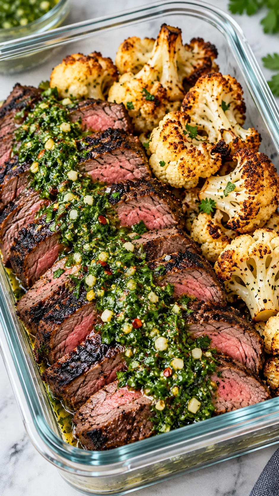 Close-up macro shot of sliced grilled flank steak garnished with bright green chimichurri sauce sitting beside roasted caramelized cauliflower florets inside a clean, modern rectangular glass meal prep container.