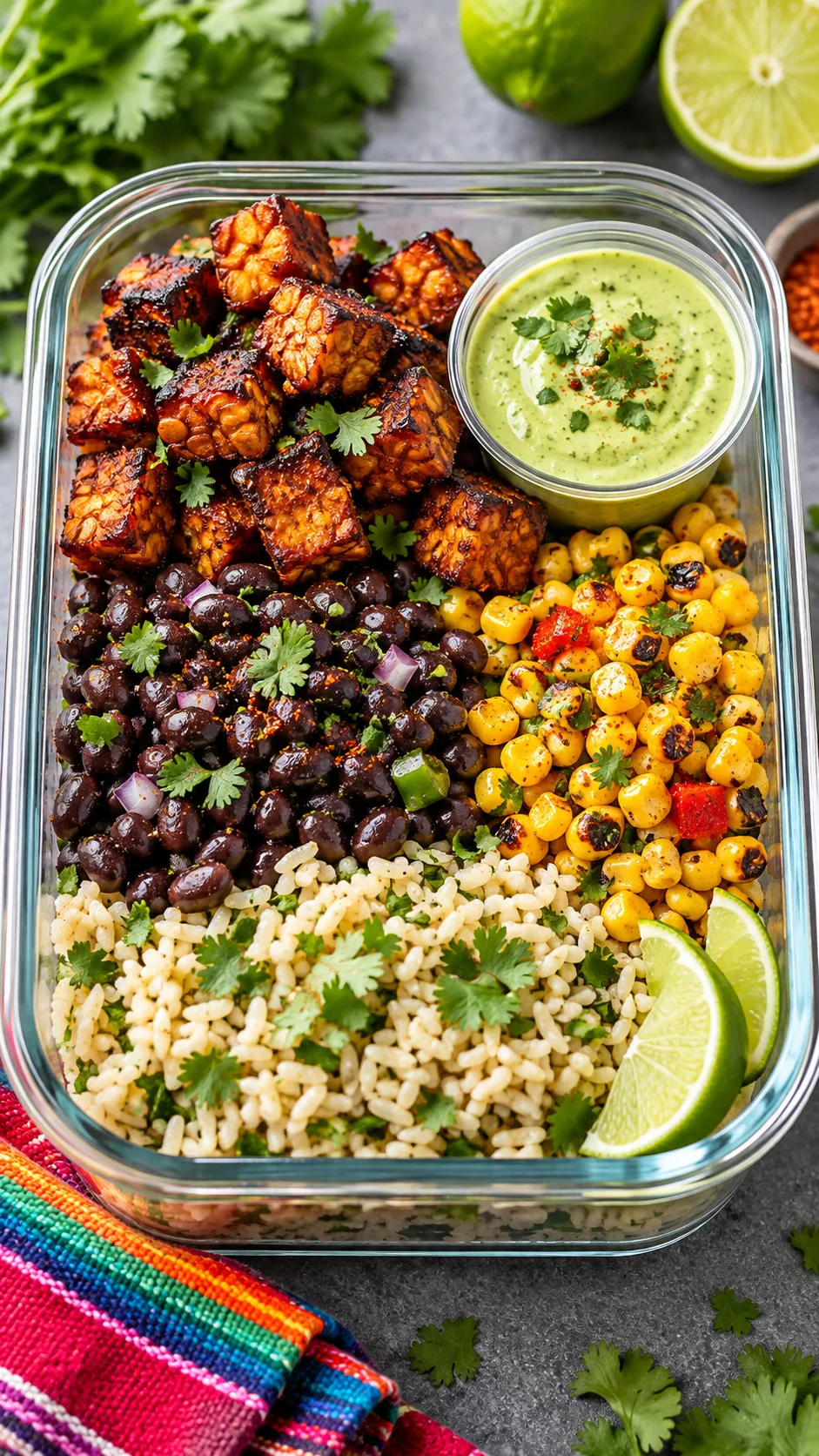 A vibrant Mexican-style plant-based meal prep container with smoky cubed tempeh, seasoned black beans, lime-cilantro brown rice, roasted corn, and a small side dressing cup of green cashew crema.