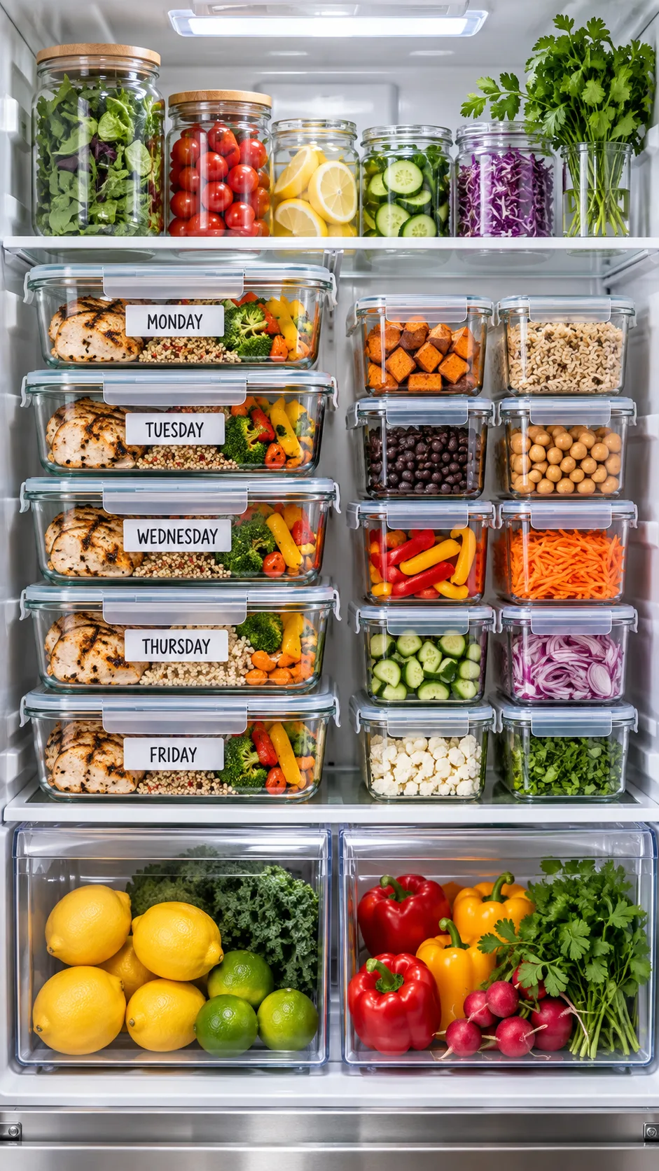 Organized modern kitchen refrigerator interior packed with clear glass meal containers with airtight locking lids, labeled neatly for Monday through Friday, accompanied by glass jars of colorful chopped vegetables, lemons, and fresh herbs.