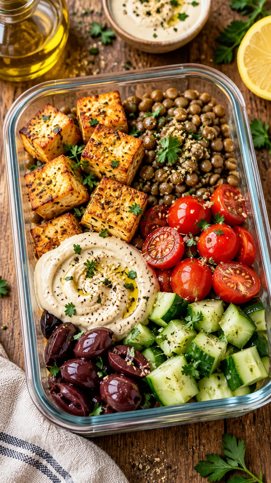 A Mediterranean meal prep box featuring crisp golden tofu squares, cooked brown lentils, bright cherry tomatoes, diced cucumbers, kalamata olives, and a swirl of creamy tahini sauce on a rustic wooden background.
